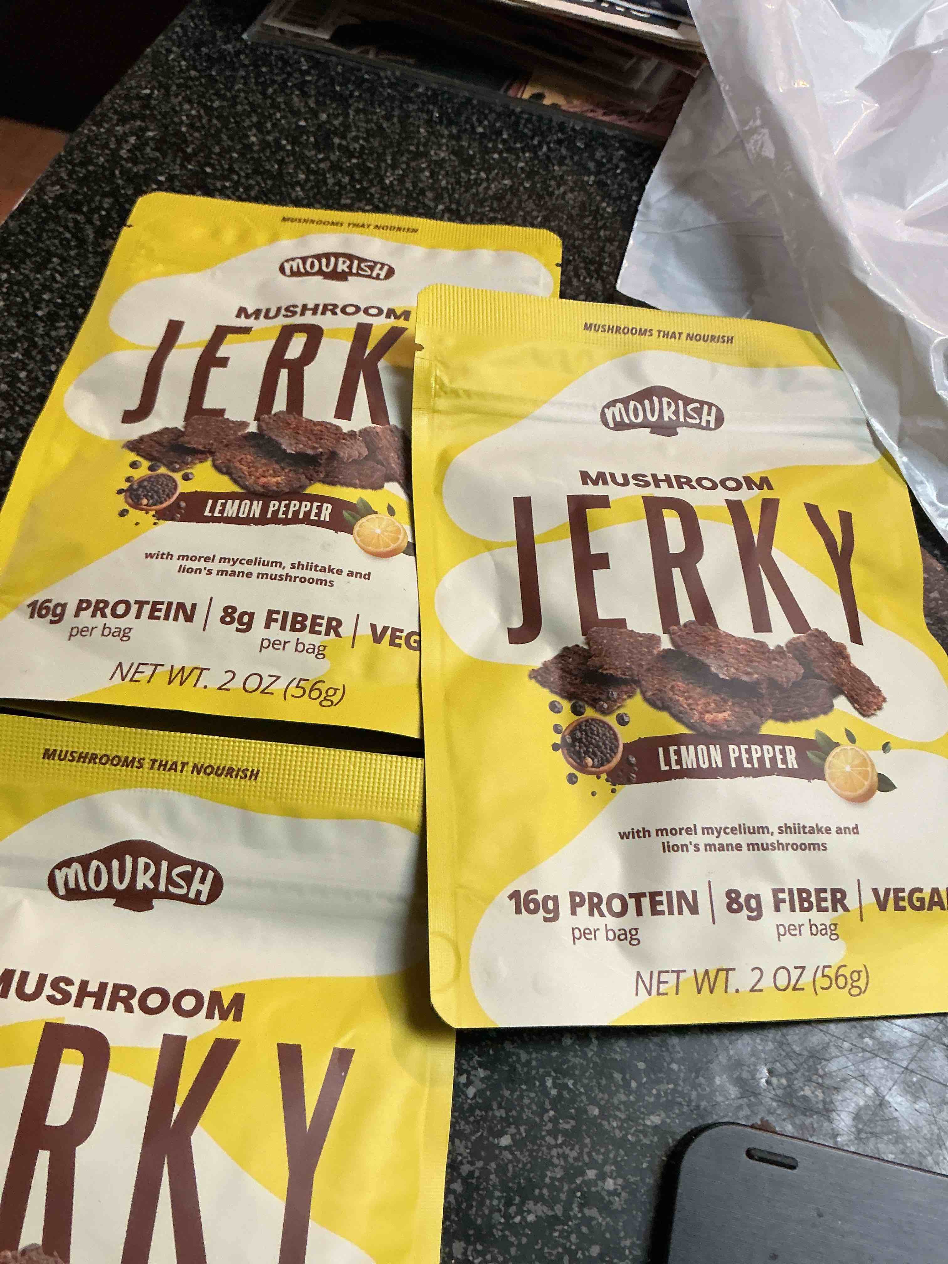 Condition photo showing New/Like New for Mourish Mushroom Jerky Lemon Pepper - 2 Oz.  Pack Of 3 