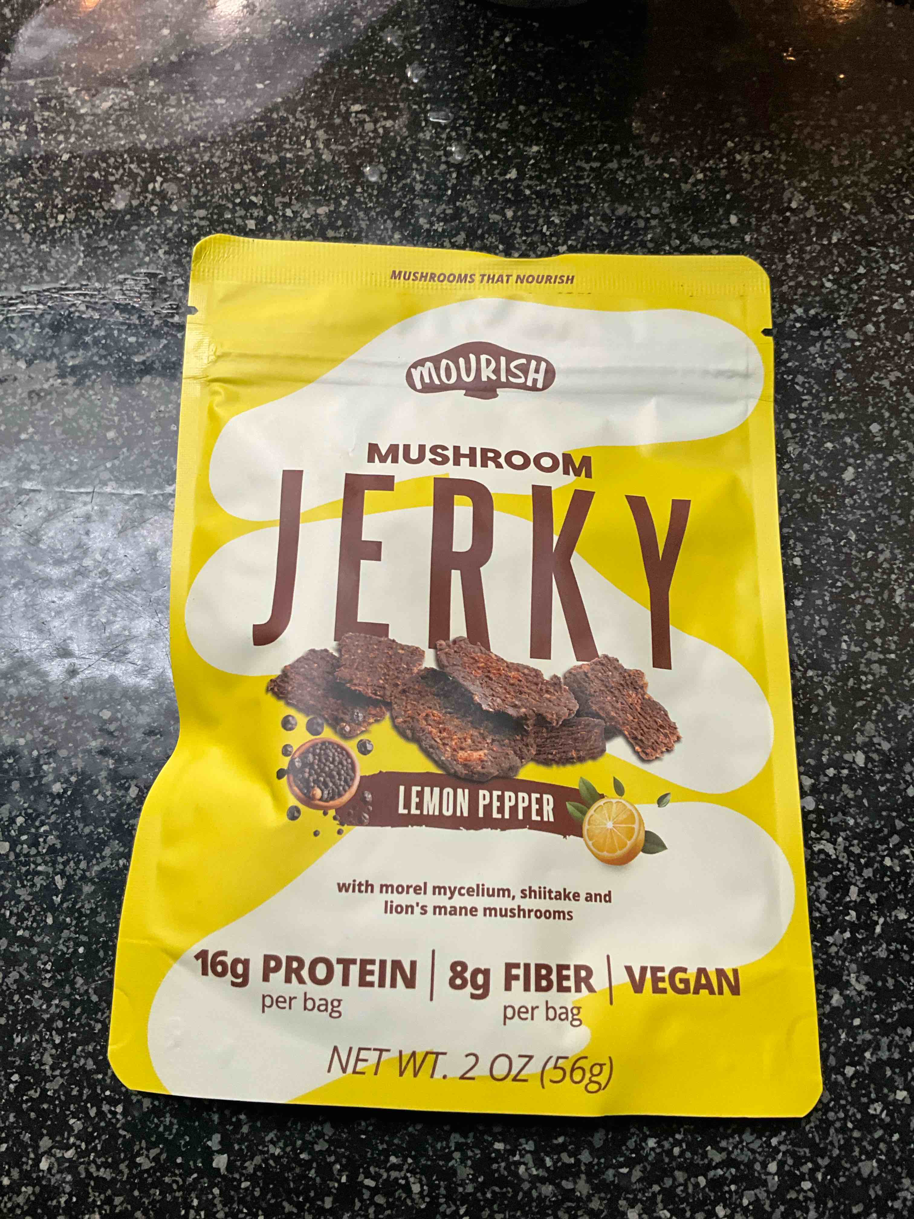 Mourish Vegan Mushroom Jerky, Lemon Pepper Flavor, 3 Pack (2 oz), Good Source of Protein and Fiber, Plant Based Meat, Meatless Healthy Snacks for Hiking, Camping, Work, Travel & School