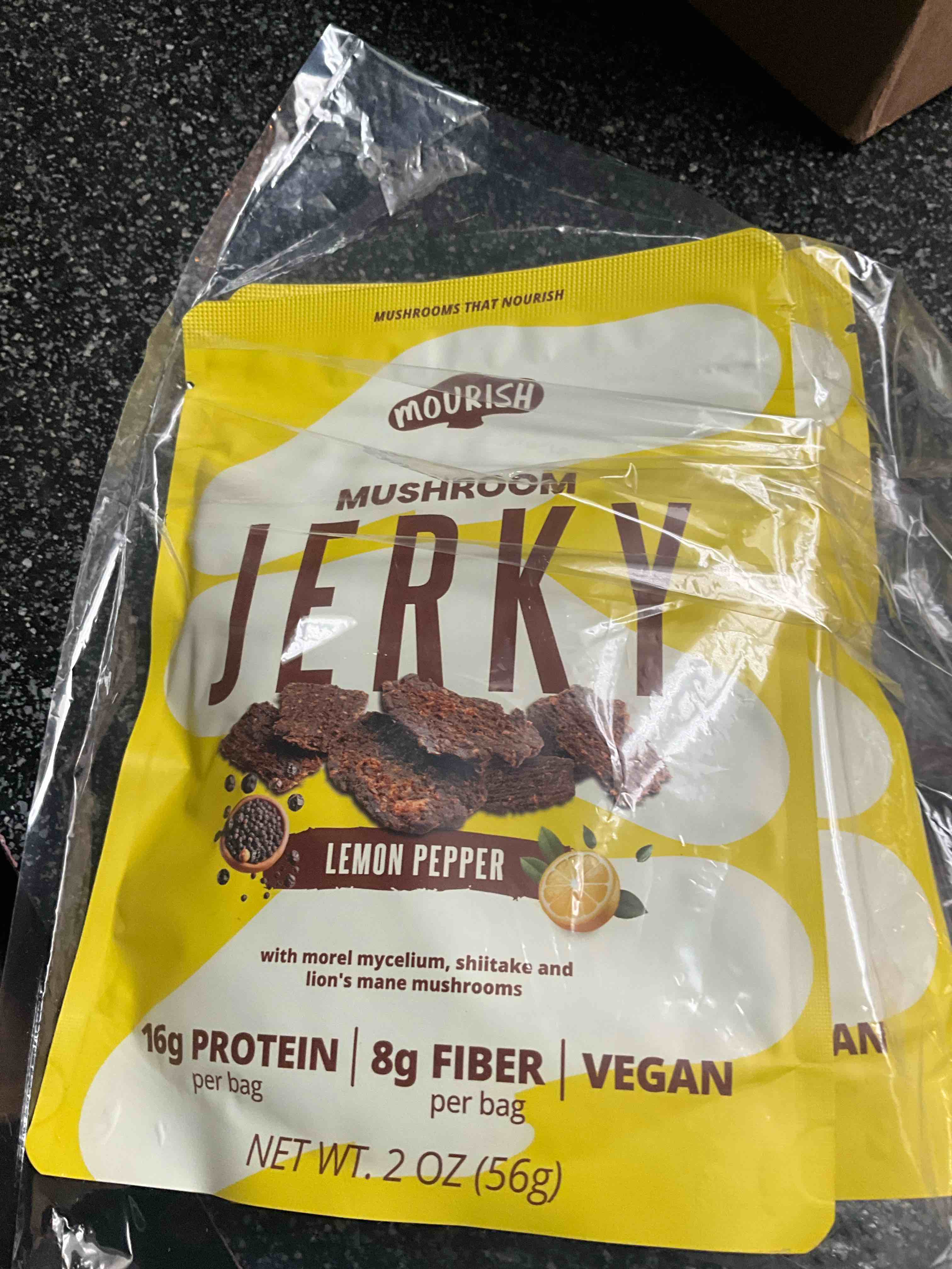 Mourish Vegan Mushroom Jerky, Lemon Pepper Flavor, 3 Pack (2 oz), Good Source of Protein and Fiber, Plant Based Meat, Meatless Healthy Snacks for Hiking, Camping, Work, Travel & School