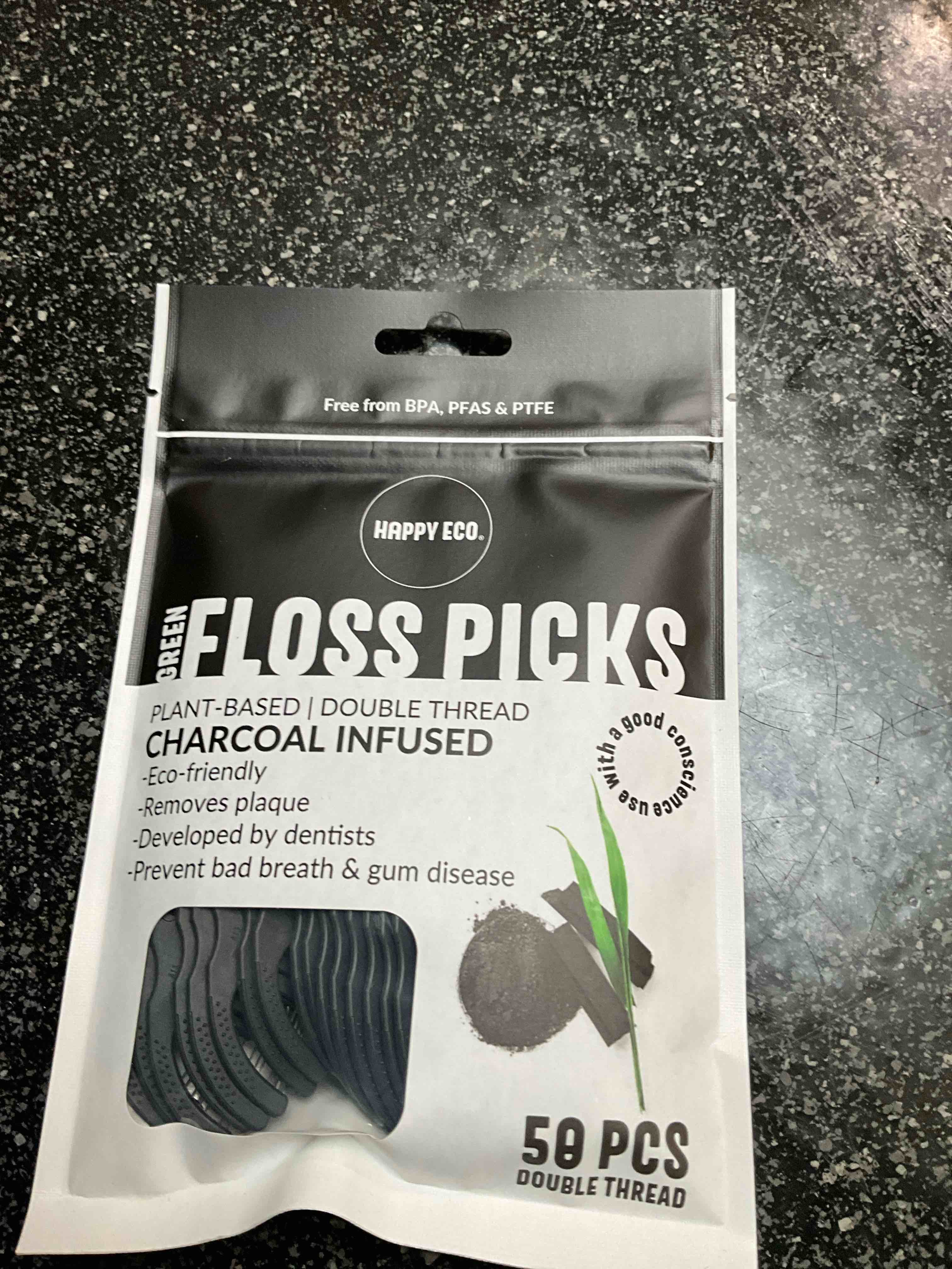 Dental Floss Picks (100pcs) - Flossers for Adults, Vegan Corn-Straw Handle, Superior Oral Care & Anti-Shred Thread, Dental Hygiene, Tooth Pick Sticks, Teeth & Gum Health (Charcoal, Double Thread)