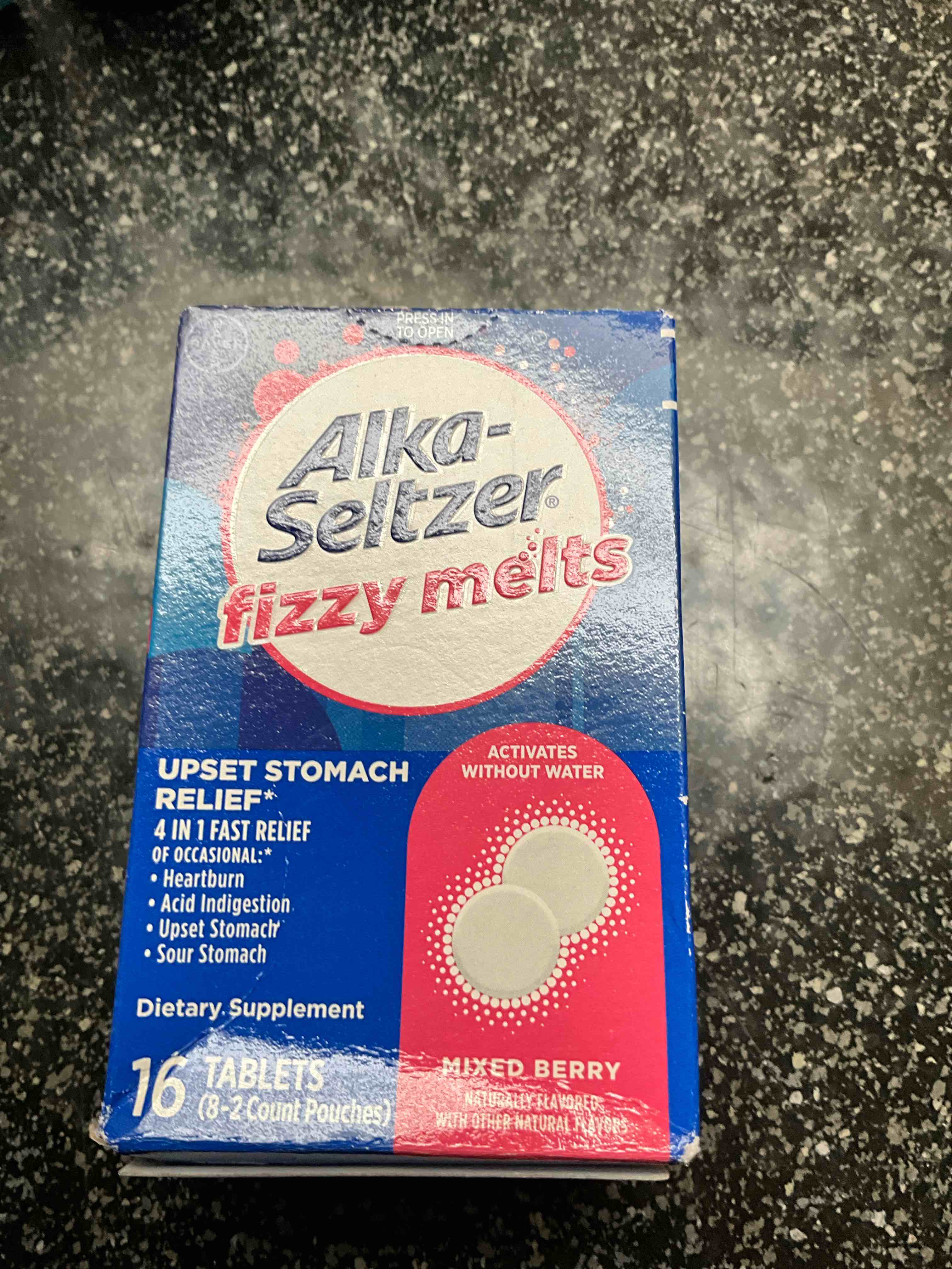 Alka-Seltzer Fizzy Melts, Dissolve on Tongue, No Water Needed, On-The-Go Dietary Supplement Antacid Tablets, for Relief of Occasional Heartburn and Acid Indigestion*, Berry Flavor, 16ct
