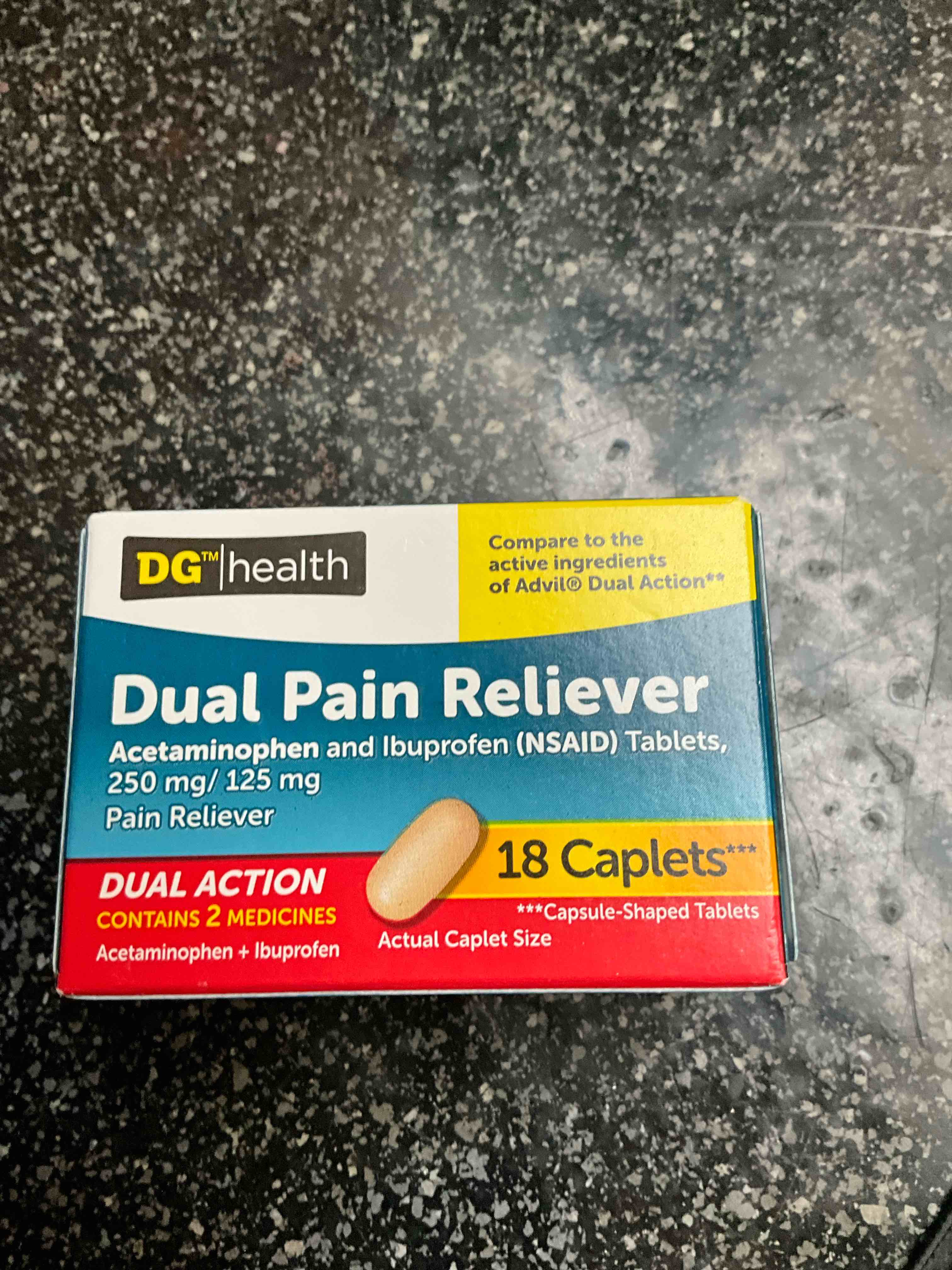 dg health - dual - pain reliever - 250mg/125mg pain reliever - 18 caplets 