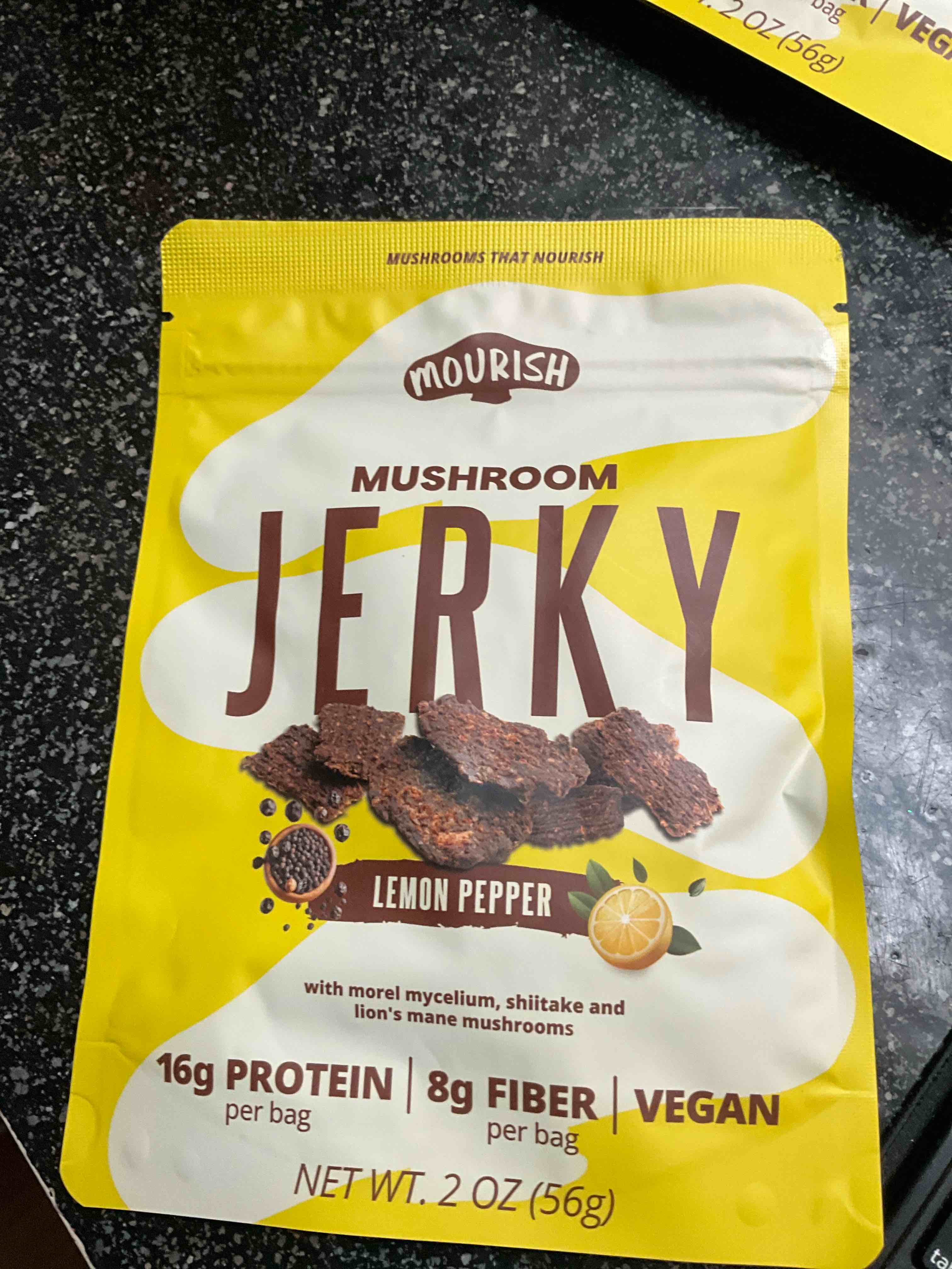 mourish vegan mushroom jerky, lemon pepper flavor, 3 pack (2 oz), good source of protein and fiber, plant based meat, meatless healthy snacks for hiking, camping, work, travel & school