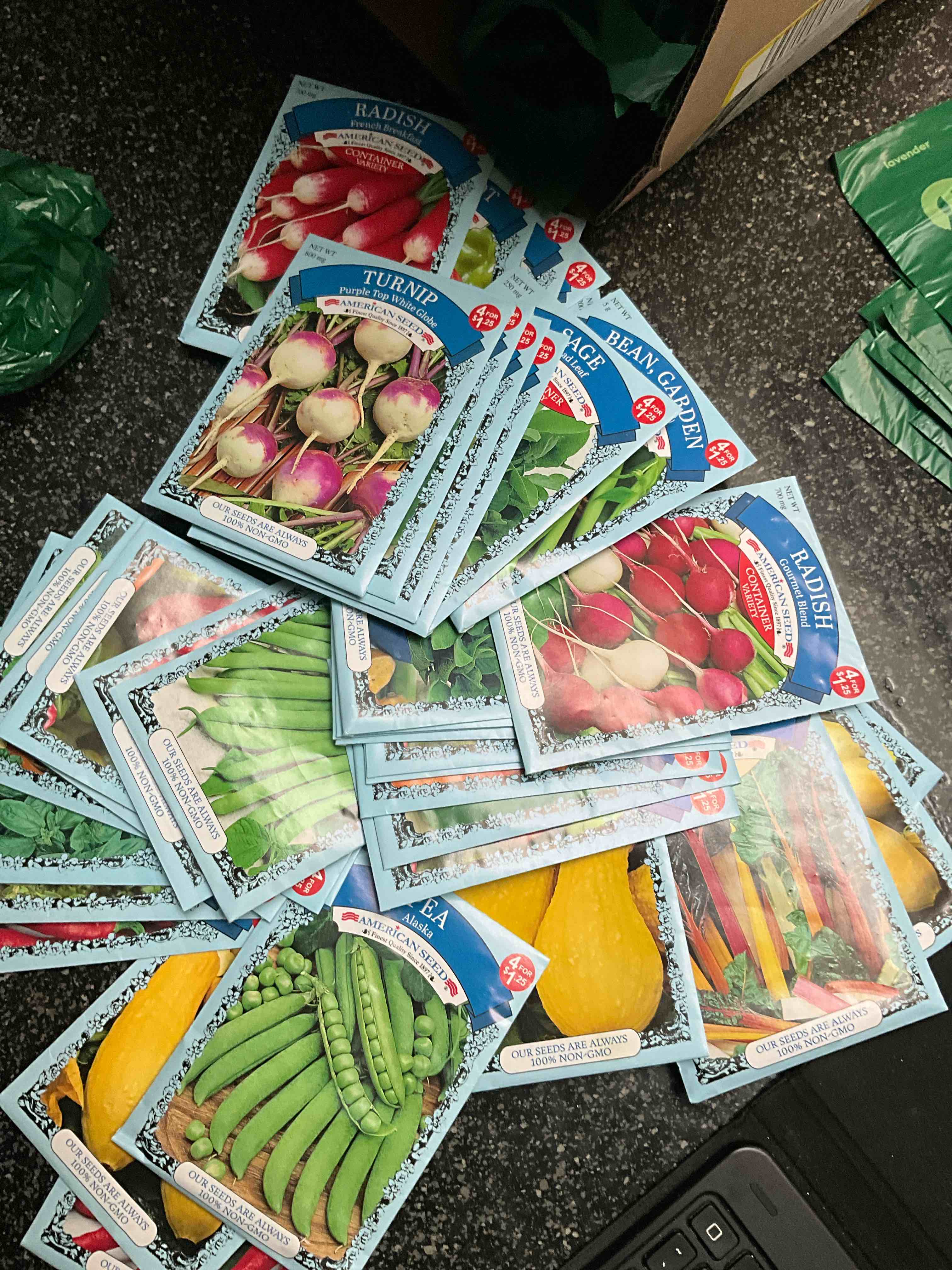 LOT - Garden Seeds - peas/kale/carrots/radish/turnip/. . . . 