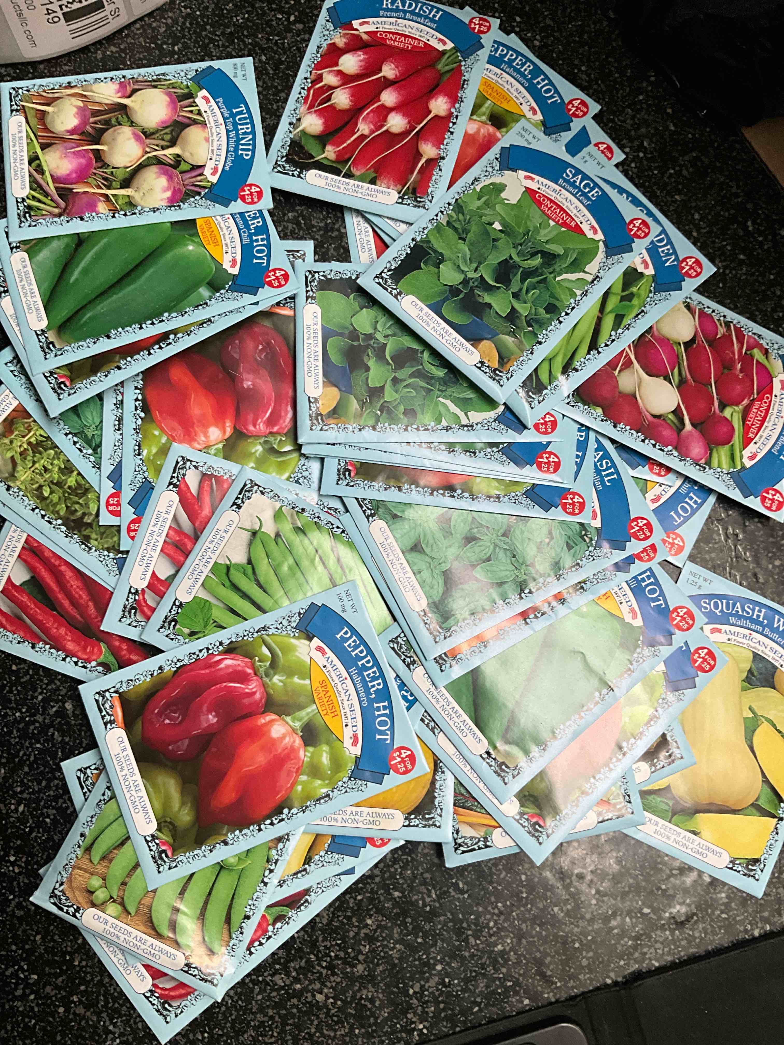 Garden Seeds - turnip/peas/sage/radish/squash/beans/. . . . .
