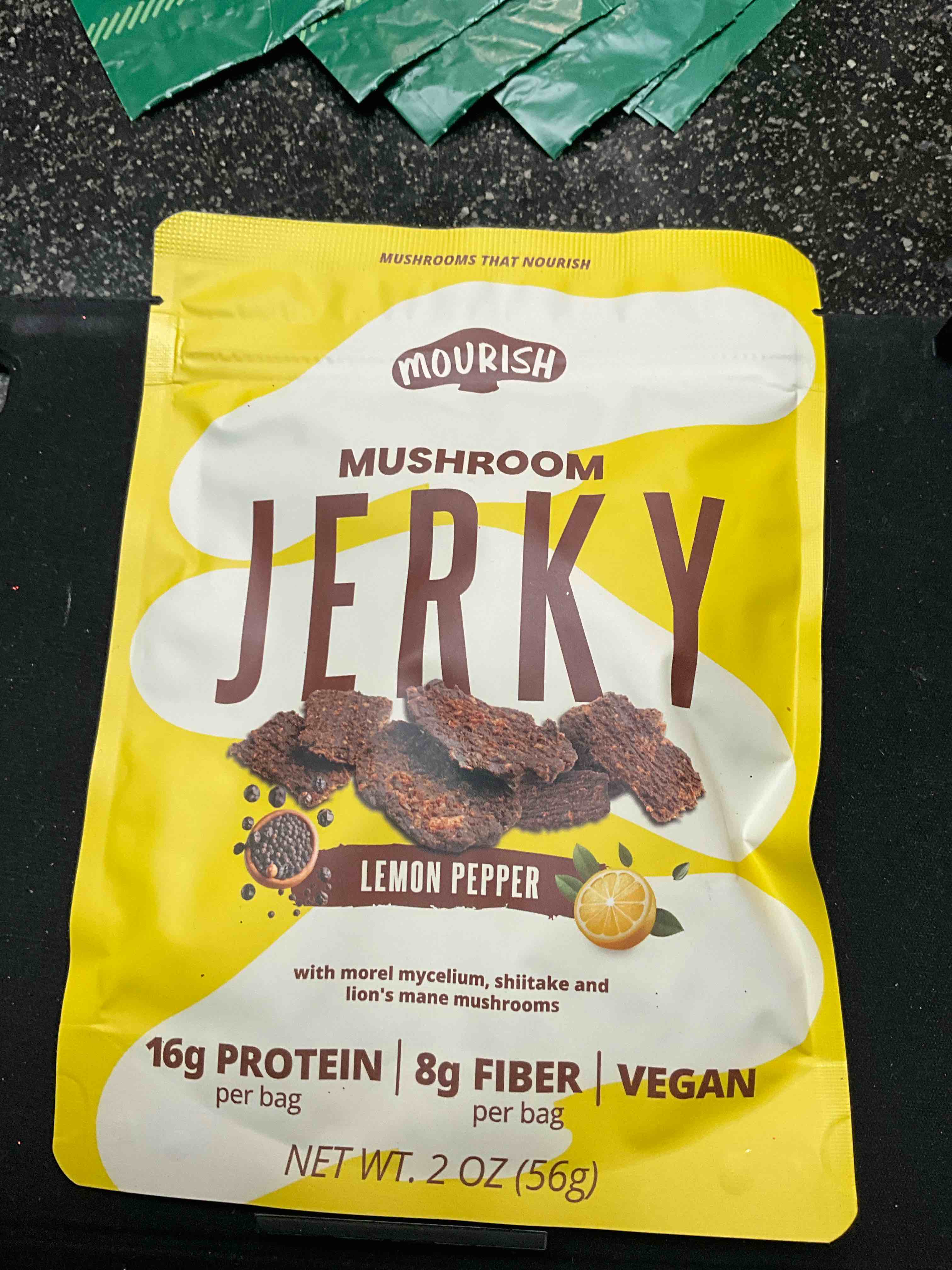 mourish vegan mushroom jerky, lemon pepper flavor, 1 pack (2 oz), good source of protein and fiber, plant based meat, meatless healthy snacks for hiking, camping, work, travel & school
