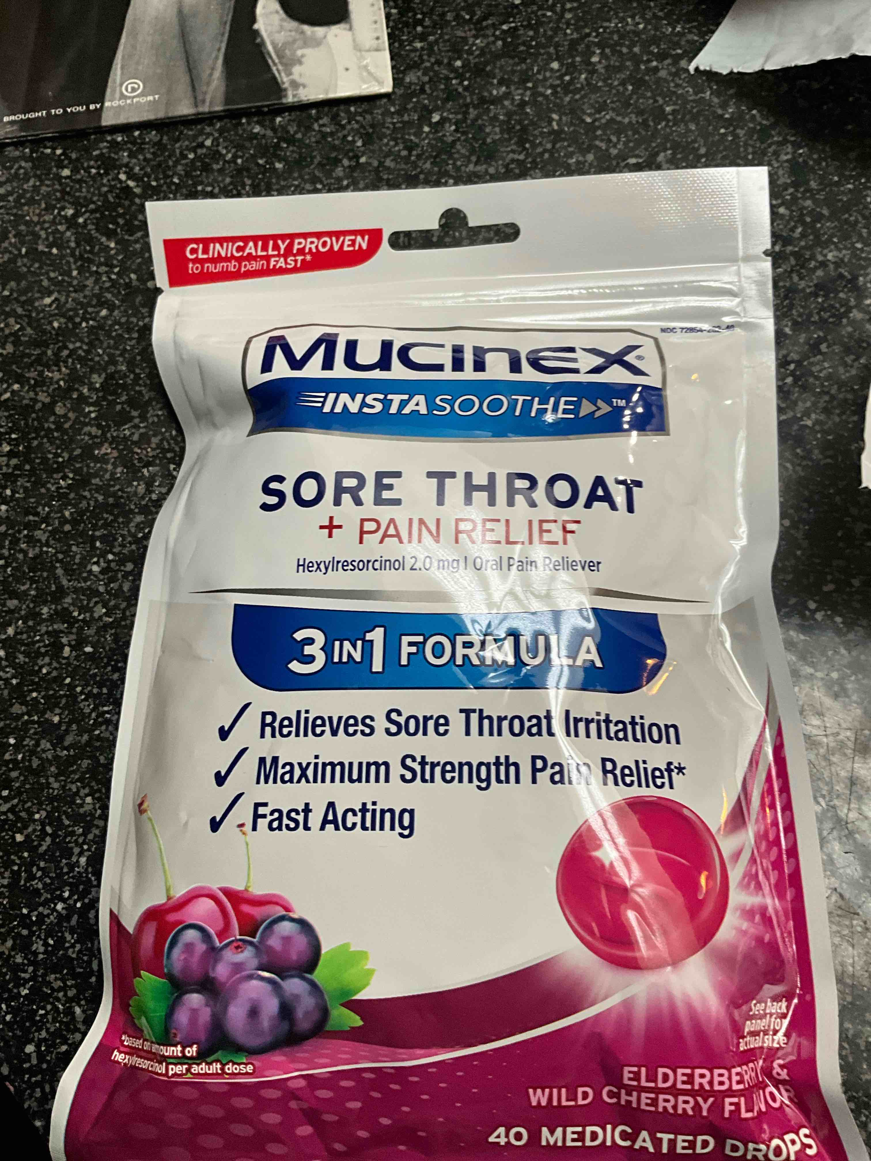 mucinex instasoothe sore throat relief, sore throat lozenges, sore throat medicine with hexylresorcinol, cough drops alternative, 40 elderberry & wild cherry medicated numbing throat drops