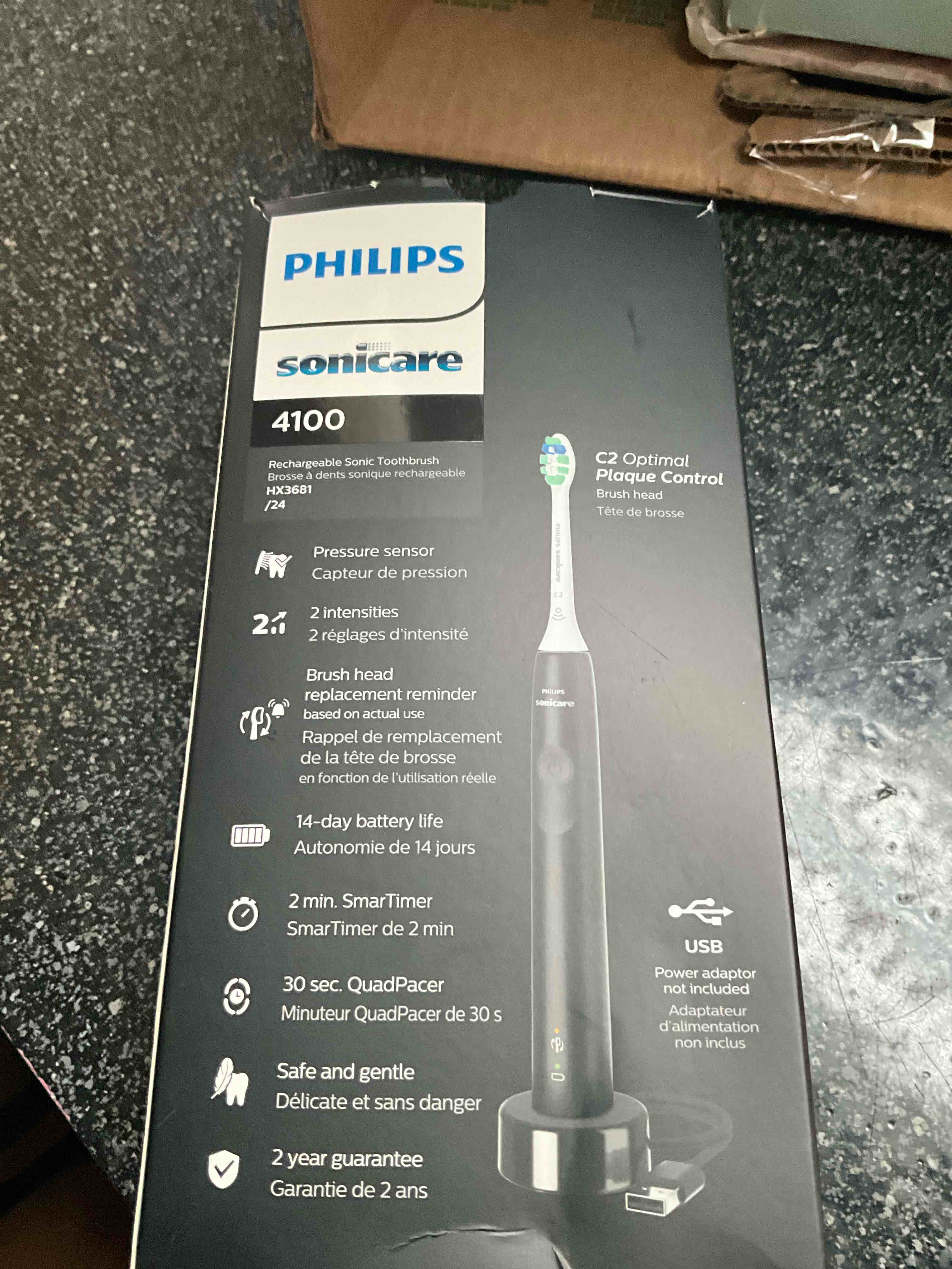 Philips Sonicare 4100 Rechargeable Electric Toothbrush, with Pressure Sensor, 2 Intensity Settings, SmarTimer and QuadPacer, 14-Day Battery Life, Black, Model HX3681/24
