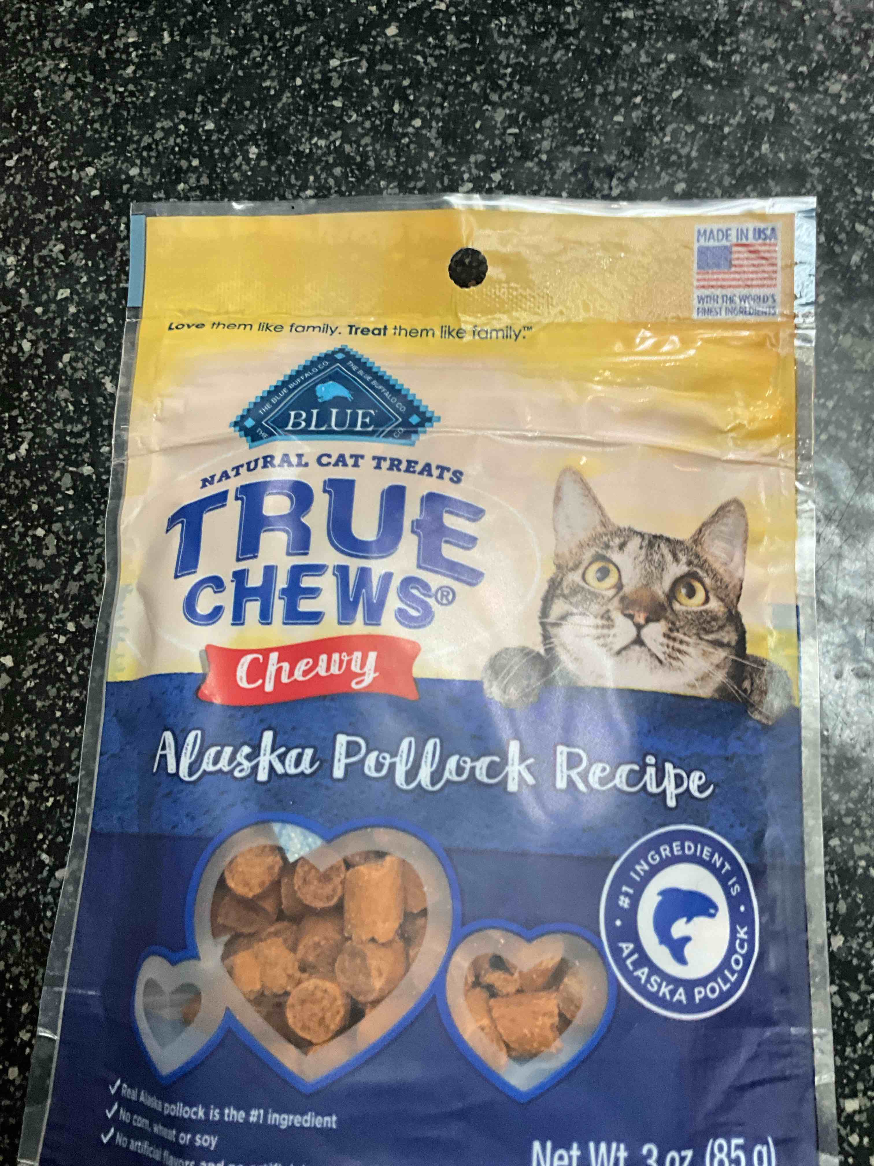 blue buffalo true chews natural chewy cat treats, made in the usa, alaska pollock recipe, 3-oz. resealable bag