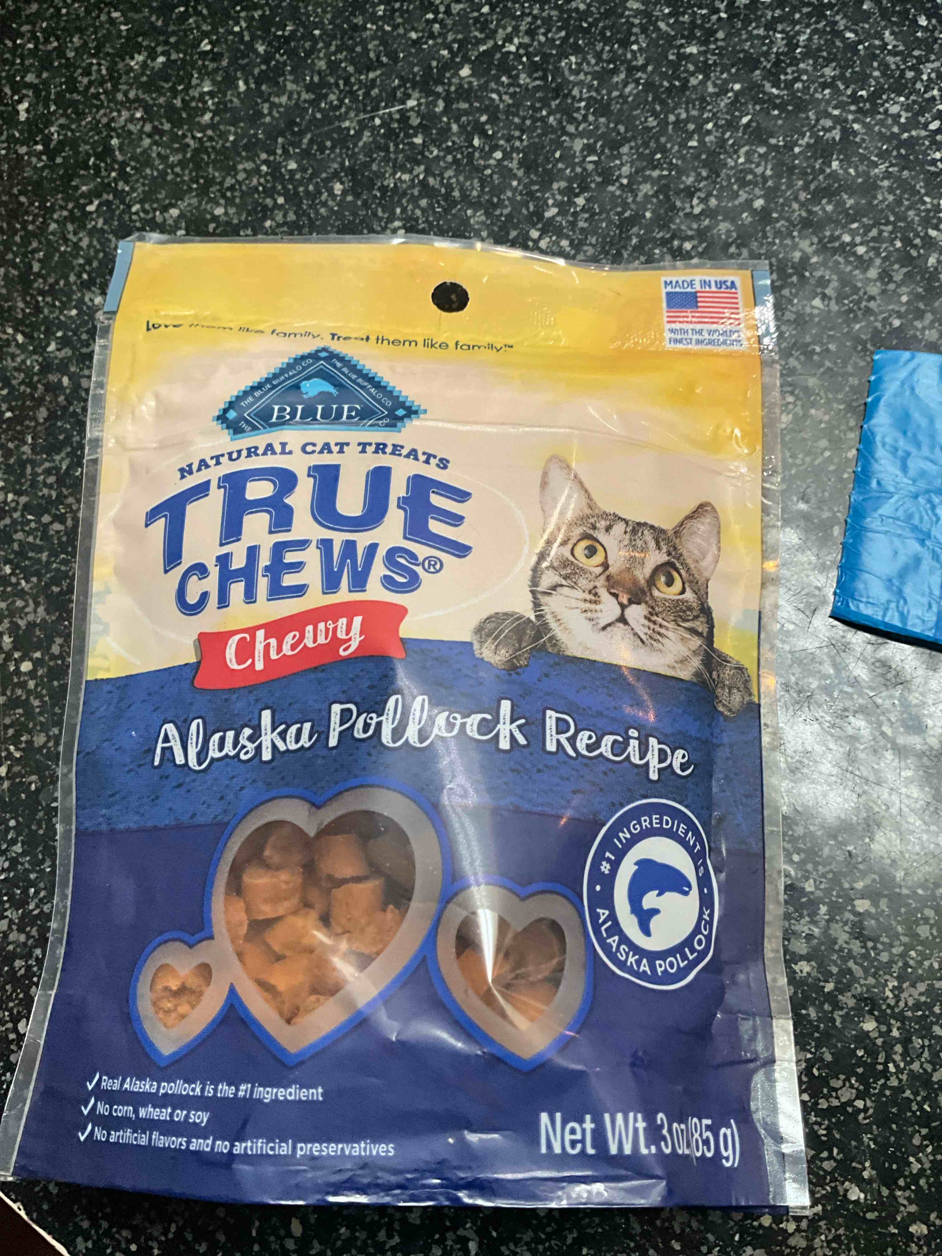 blue buffalo true chews natural chewy cat treats, made in the usa, alaska pollock recipe, 3-oz. resealable bag