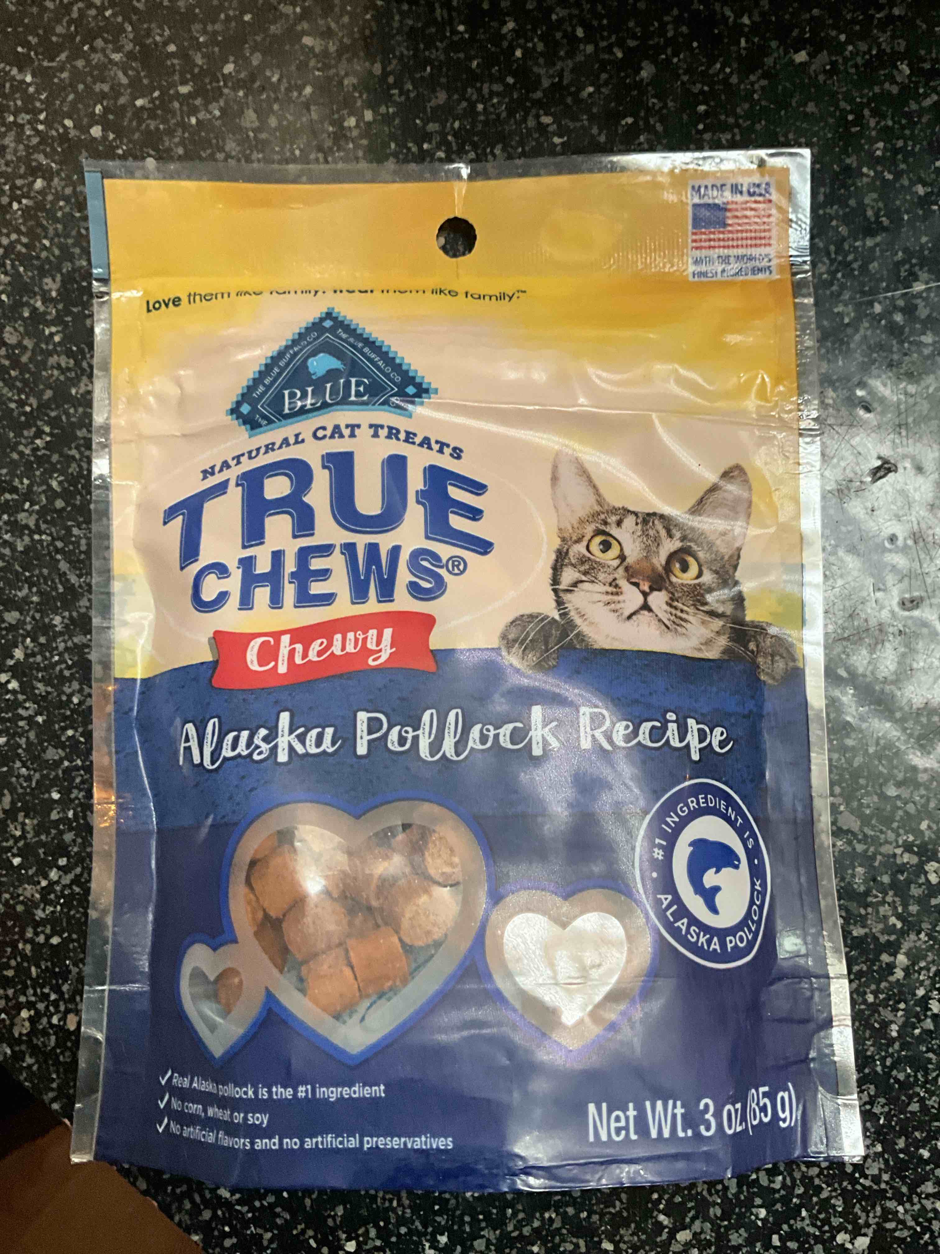 blue buffalo true chews natural chewy cat treats, made in the usa, alaska pollock recipe, 3-oz. resealable bag