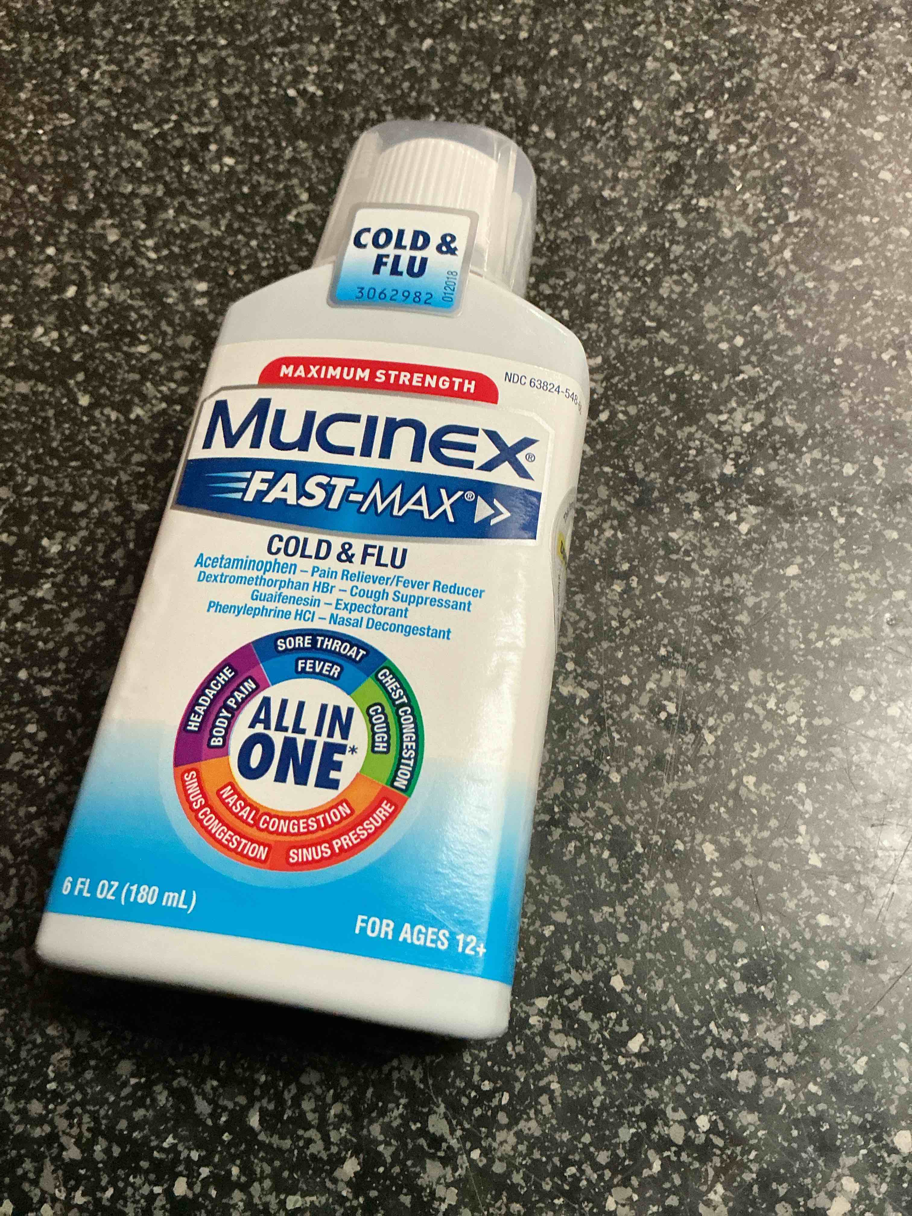 mucinex fast-max cold and flu medicine all-in-one maximum strength liquid for chest congestion, cough, sore throat, nasal decongestant, 6 fl oz (packaging may vary)