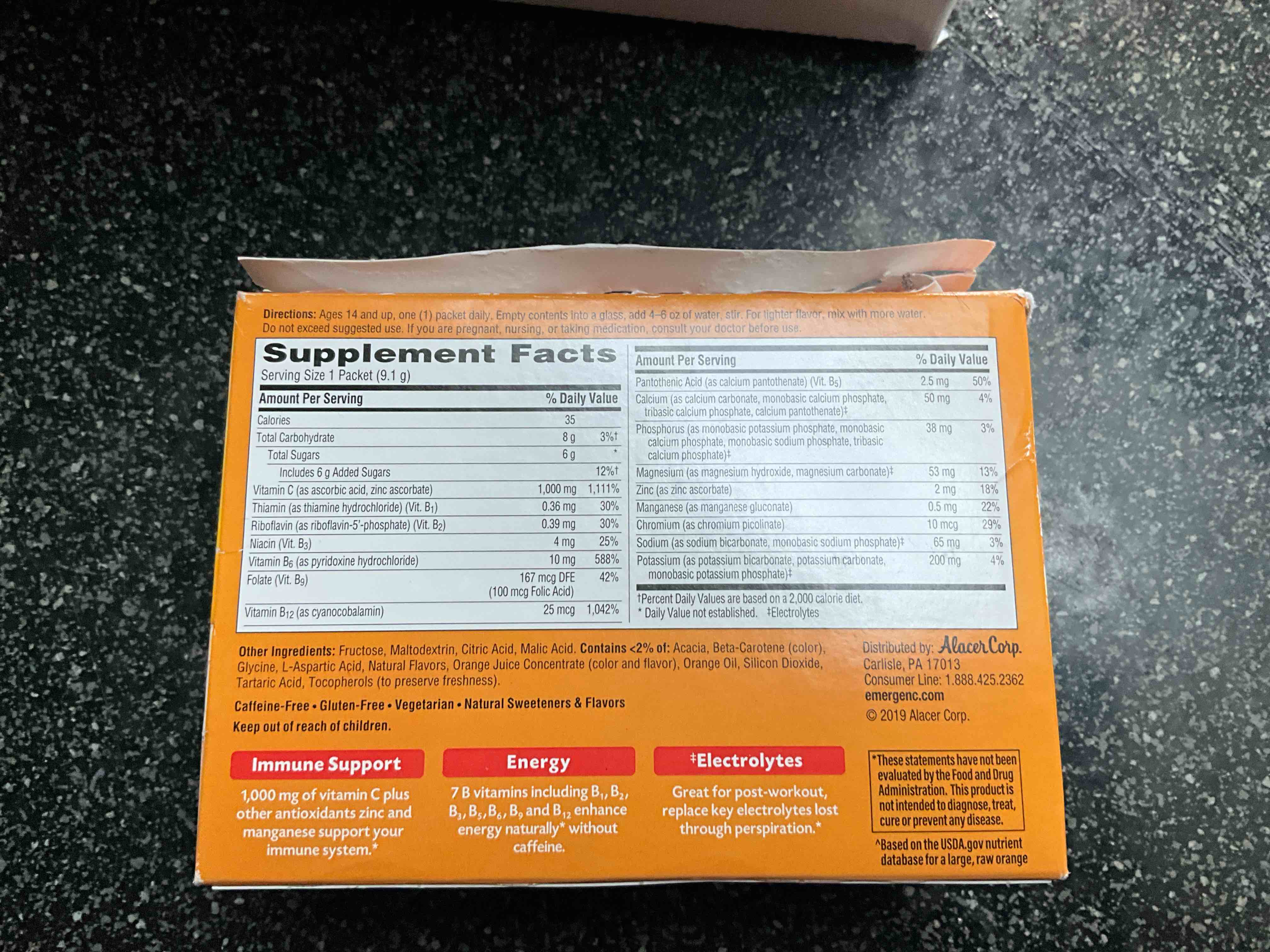 Condition photo showing New/Like New for Emergen-C 1000mg Vitamin C Powder for Daily Immune Support Caffeine Free Vitamin C Supplements with Zinc and Manganese, B Vitamins and Electrolytes, Super Orange Flavor - 30 Count