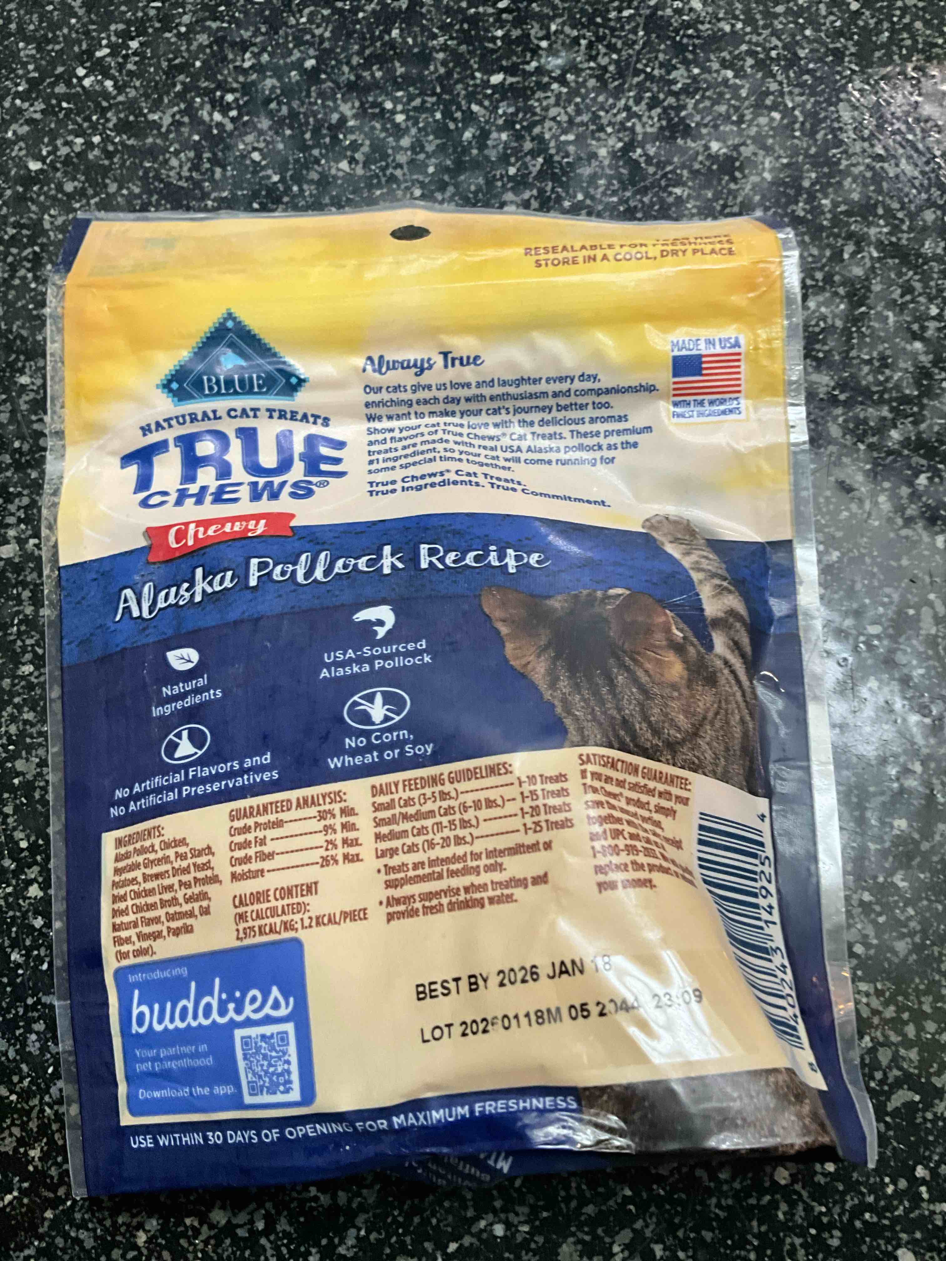 Condition photo showing As Is for Blue Buffalo True Chews Natural Chewy Cat Treats, Made in The USA, Alaska Pollock Recipe, 3-oz. Resealable Bag