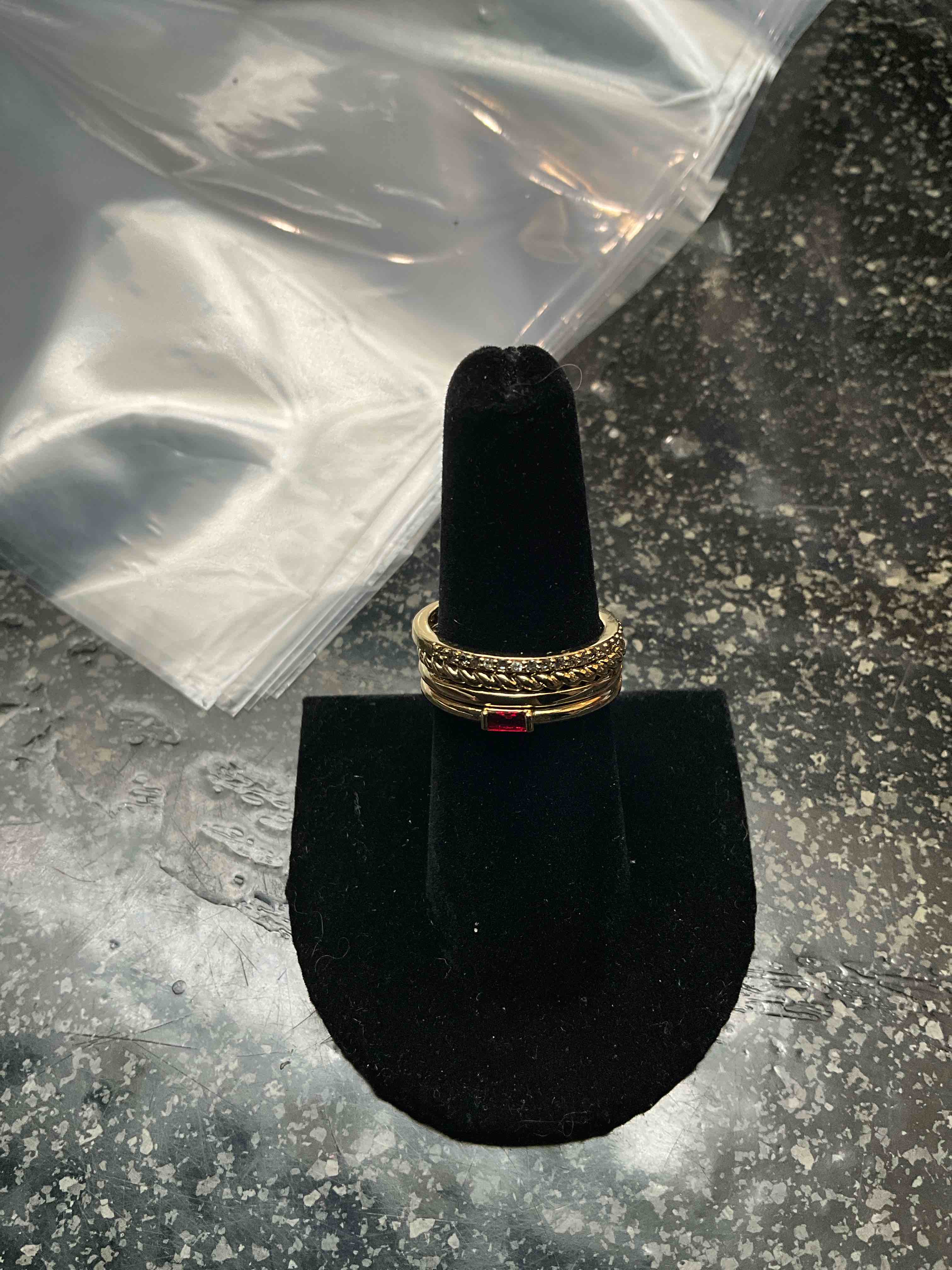 Condition photo showing New/Like New for Ritach Gold Stackable Rings for Women Non Tarnish Trendy 14K Gold Plated Thin Dainty Cubic Zirconia 4 piece Rings Set