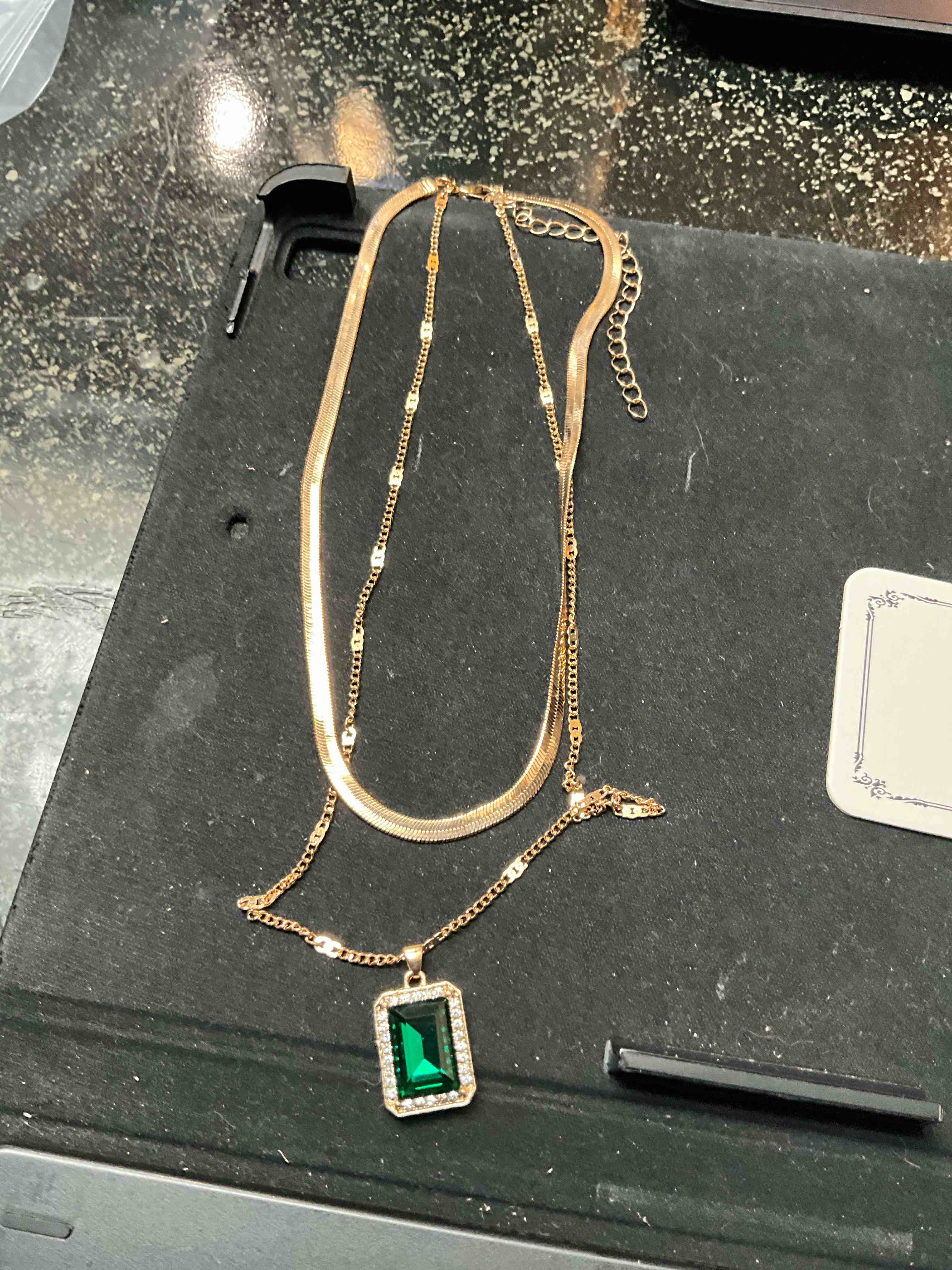 Condition photo showing New/Like New for Sttiafay - Gold Layered Necklaces for Women, 18k Gold Plated Herringbone Chain Choker Necklace with Rectangle Crystal Birthstone Pendant Dainty Emerald Green Surrounded by Tiny Sapphire Stones Jewelry Gifts