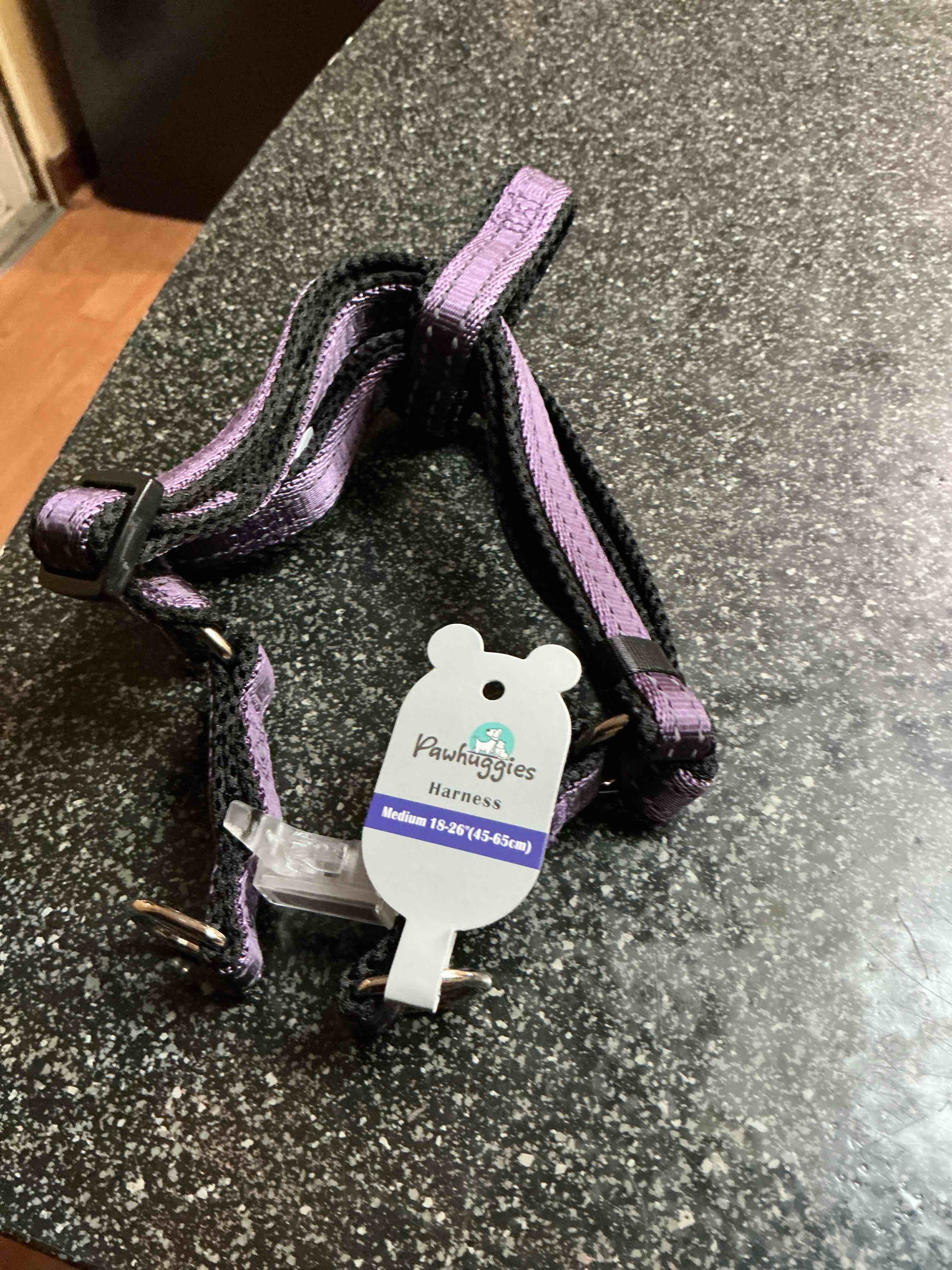 Condition photo showing New/Like New for Pawhuggies Harness Size M 18” X 26 “ Color Purple 