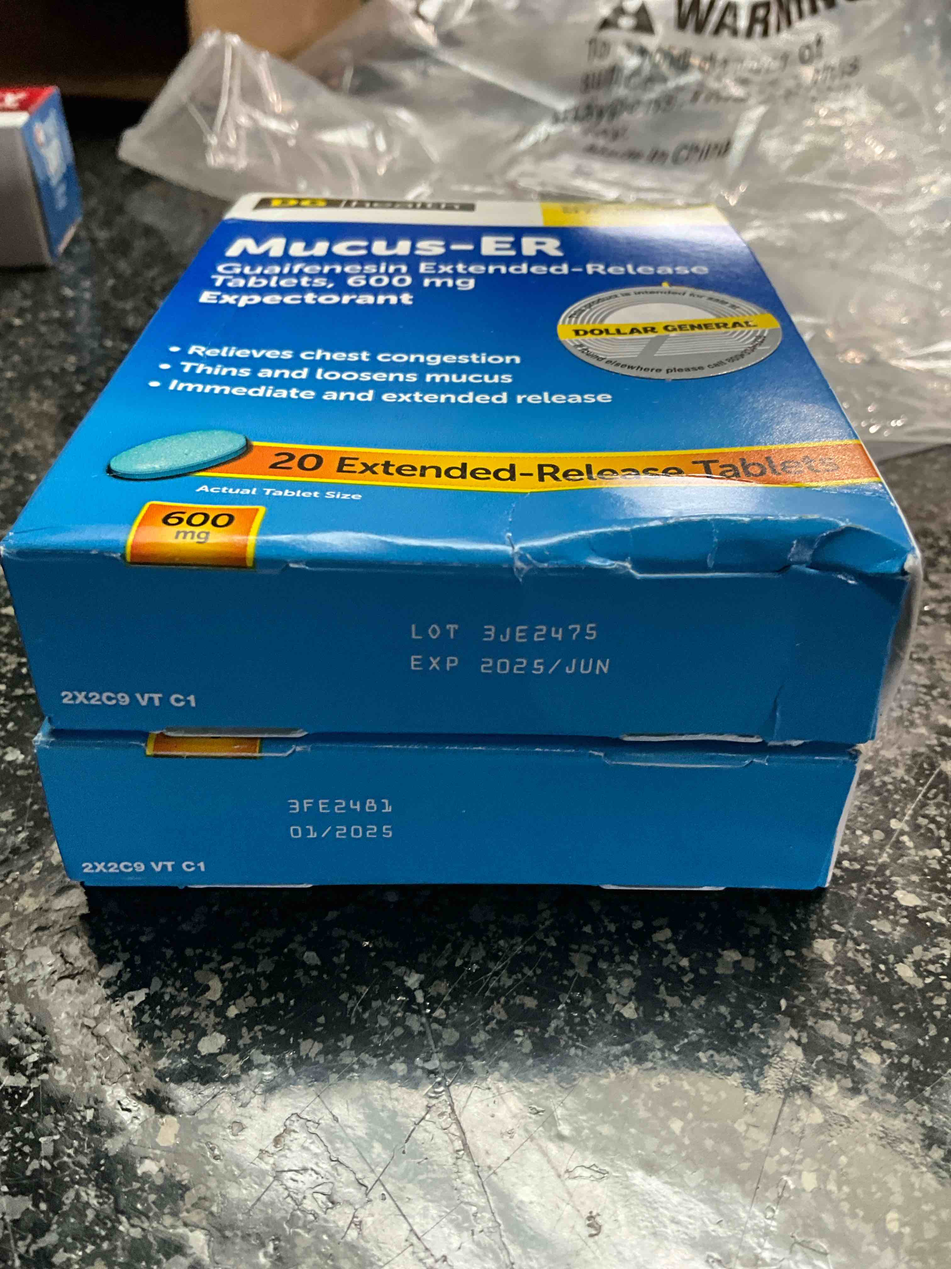 Condition photo showing As Is for DG Health - Mucus-ER - Relieves Congestion - Thins & Loosens mucus - Extended Release - 20 Tabs 