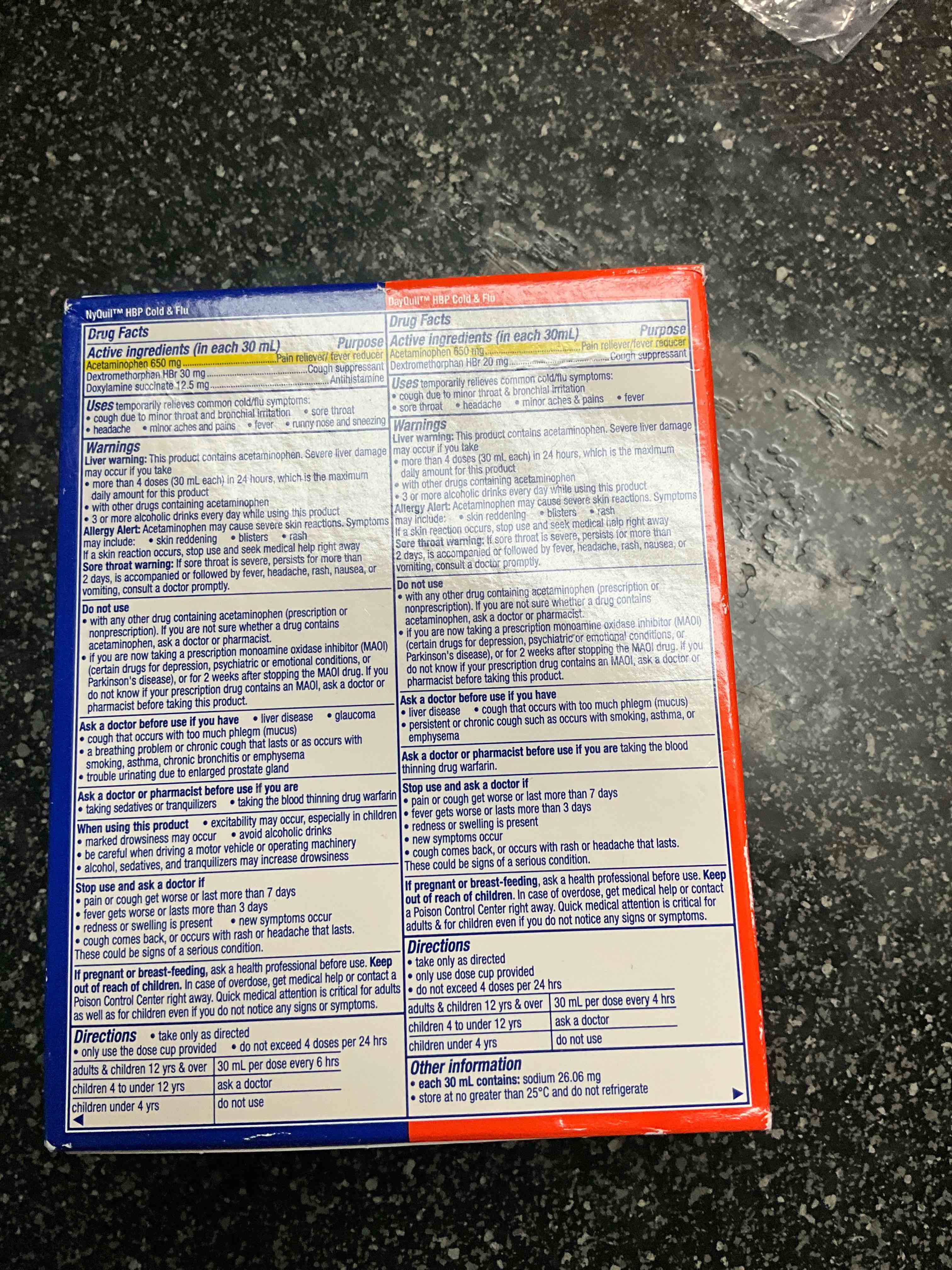 Condition photo showing As Is for DayQuil & NyQuil High Blood Pressure Cold & Flu Relief Liquid, Multi-Symptom Daytime & Nighttime Relief for Cold, Cough, and Flu Symptoms, Sugar & Alcohol Free, 2 x 8 FL OZ