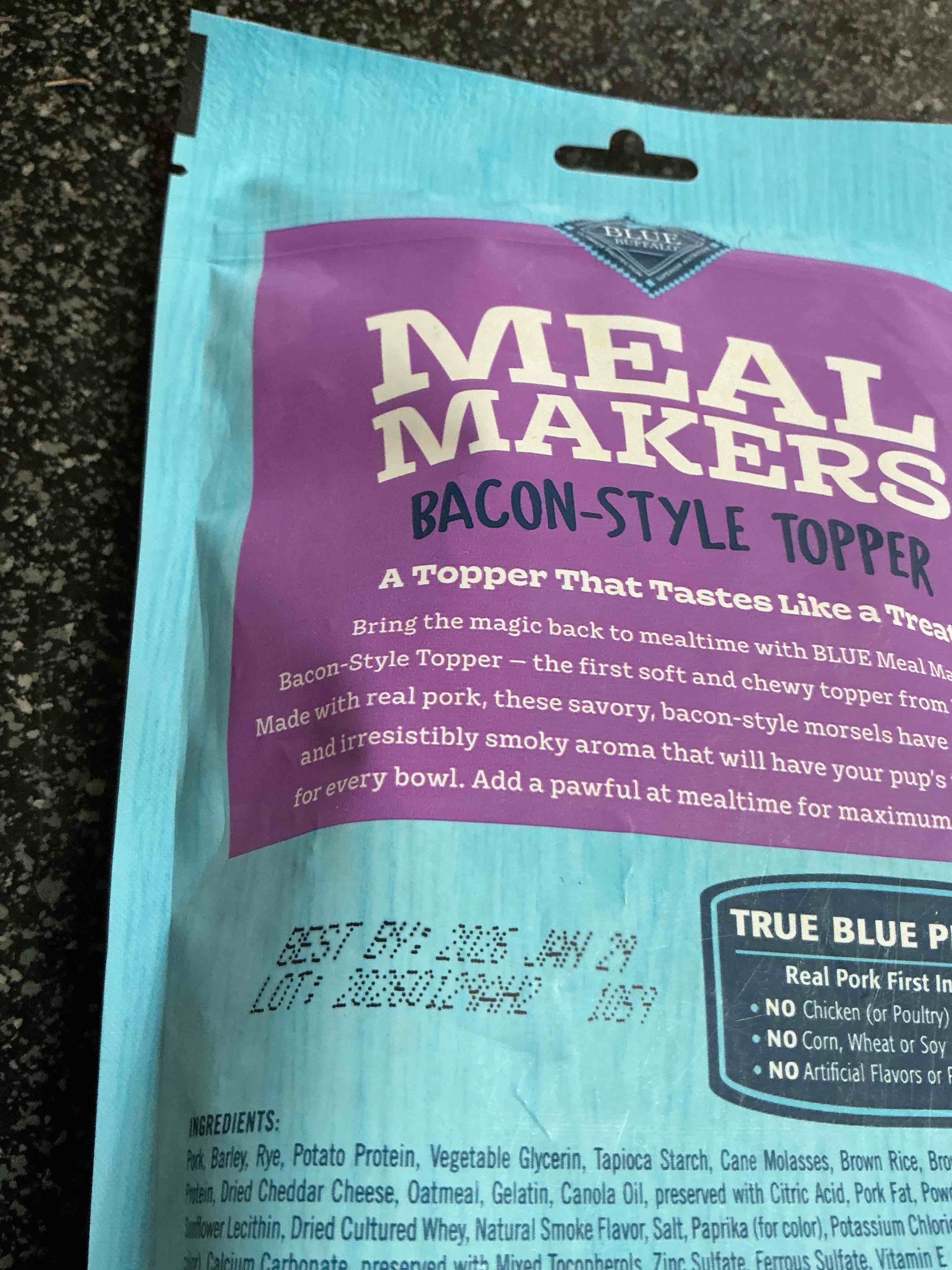 Condition photo showing As Is for Blue Buffalo Meal Makers Bacon - Style Topper Weight 8 OZ. 