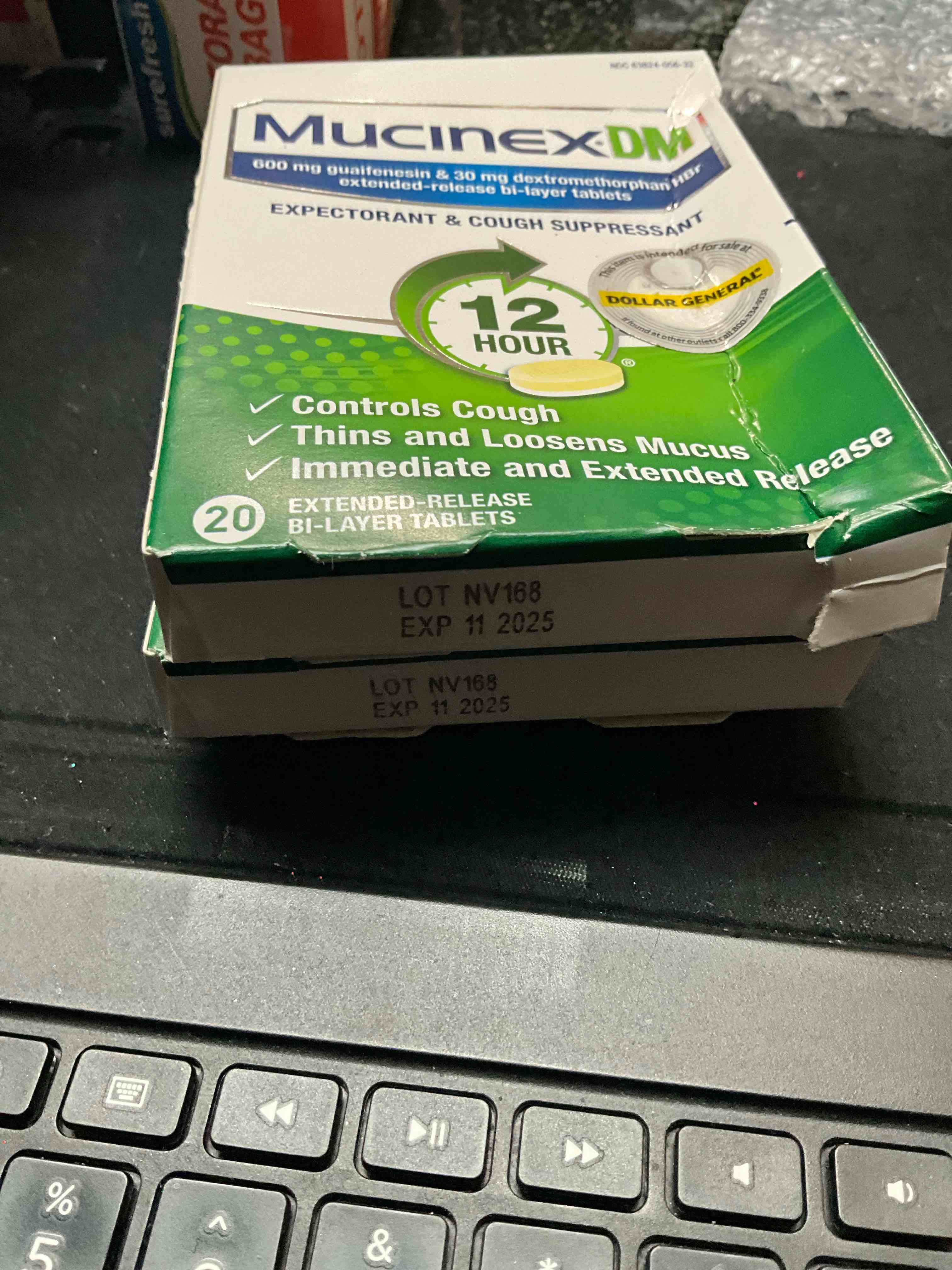 Condition photo showing As Is for Mucinex DM 12Hr Chest Congestion & Cough Medicine for Adults, Cold and Cough Medicine for Excess Mucus Relief, 600 mg Guaifenesin & 30 mg Dextromethorphan HBr, 20 Bi-Layer Tablets