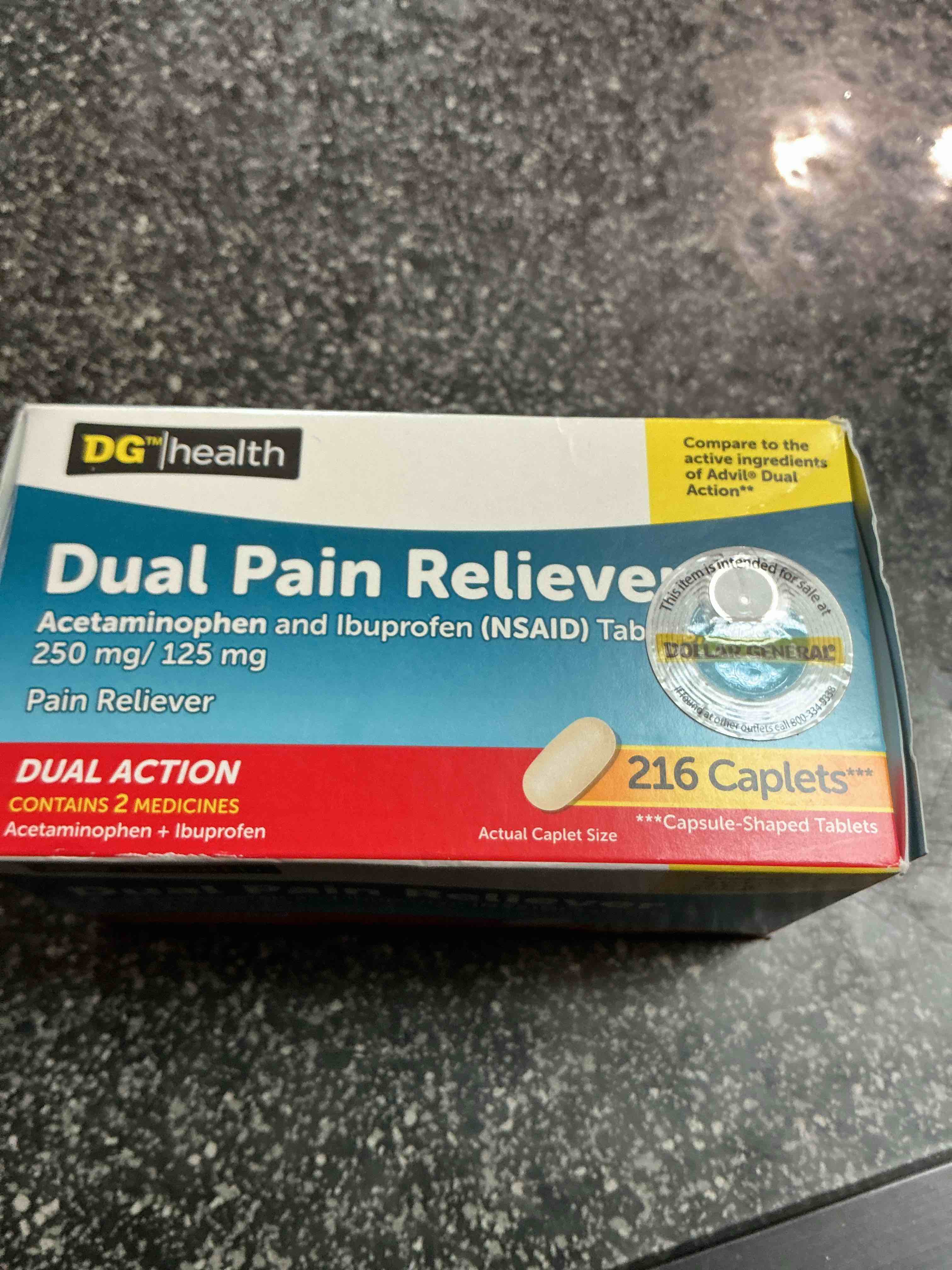 Condition photo showing As Is for DG Health Dual Pain Reliever 216 Caplets  