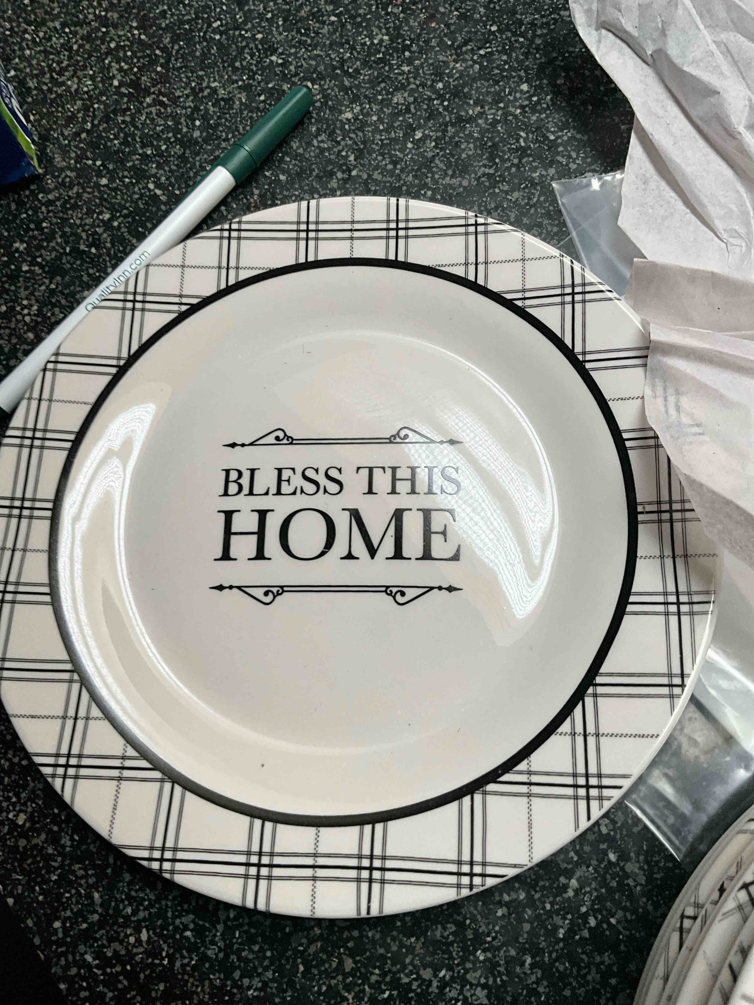 Condition photo showing New/Like New for Royal Norfolk - Dinner/Salad Plates - Bless this Home/Gather Together - Black/White - Safe in the micro/dishwasher 