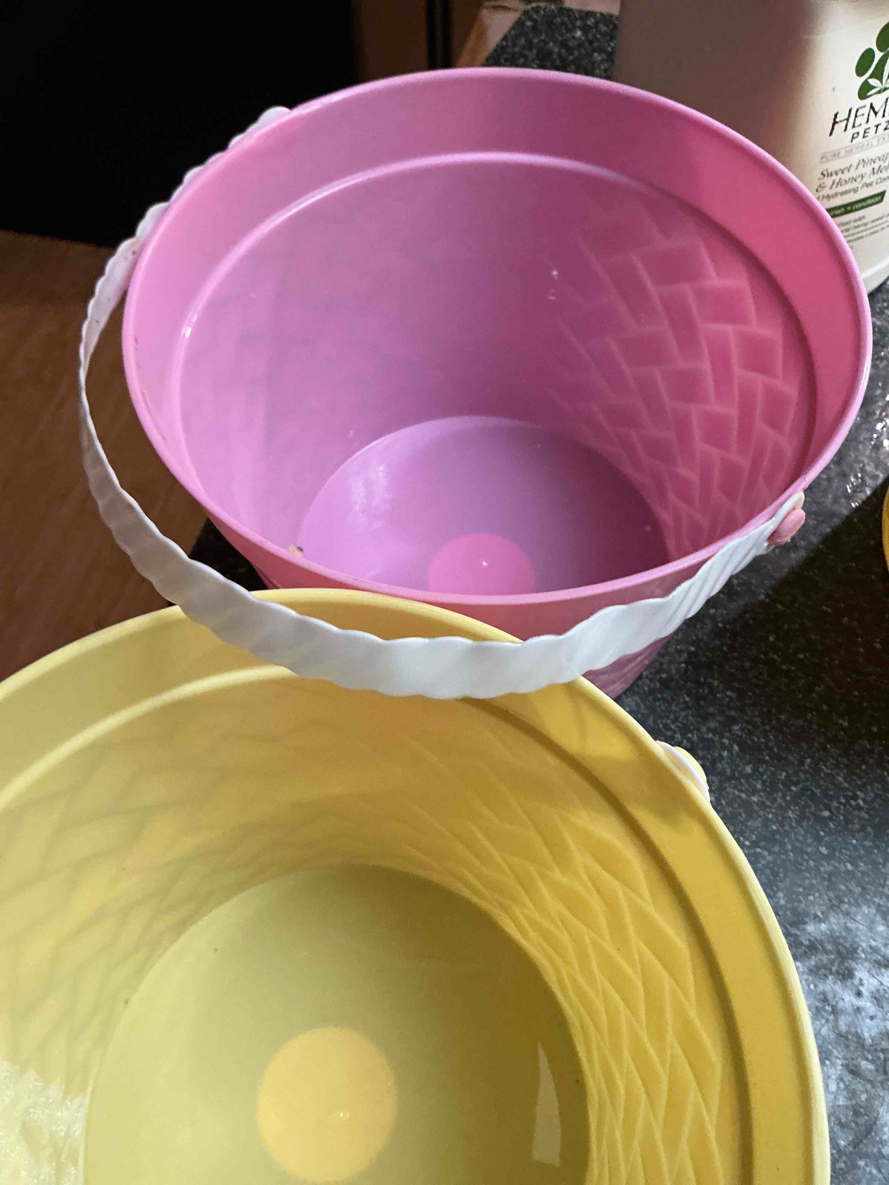 Condition photo showing New/Like New for Weave Basket Yellow & Pink Easter Buckets 