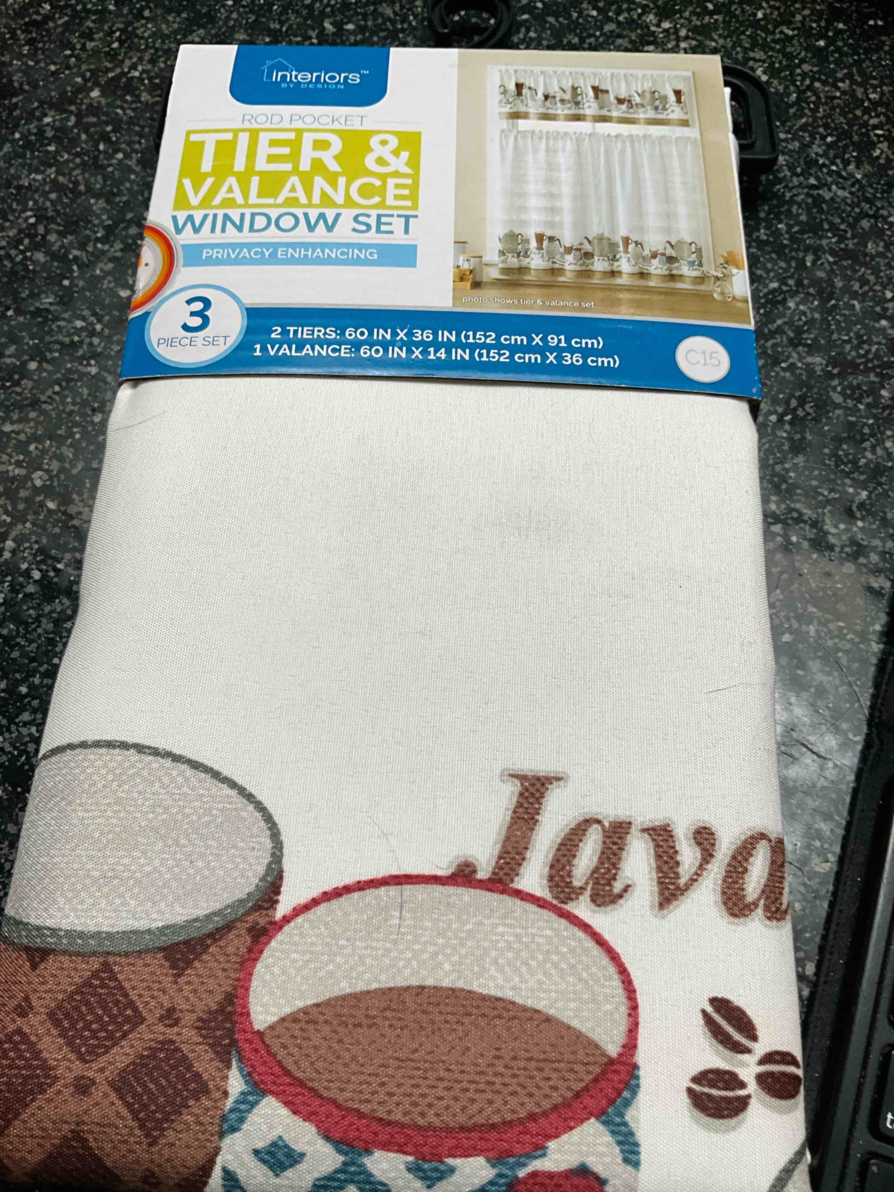 Interior By Design - Kitchen - Pocket Rod - Window Set - 3 piece Set - 2 tiers 60. x 36 - 1 Valance - 60 x 14 