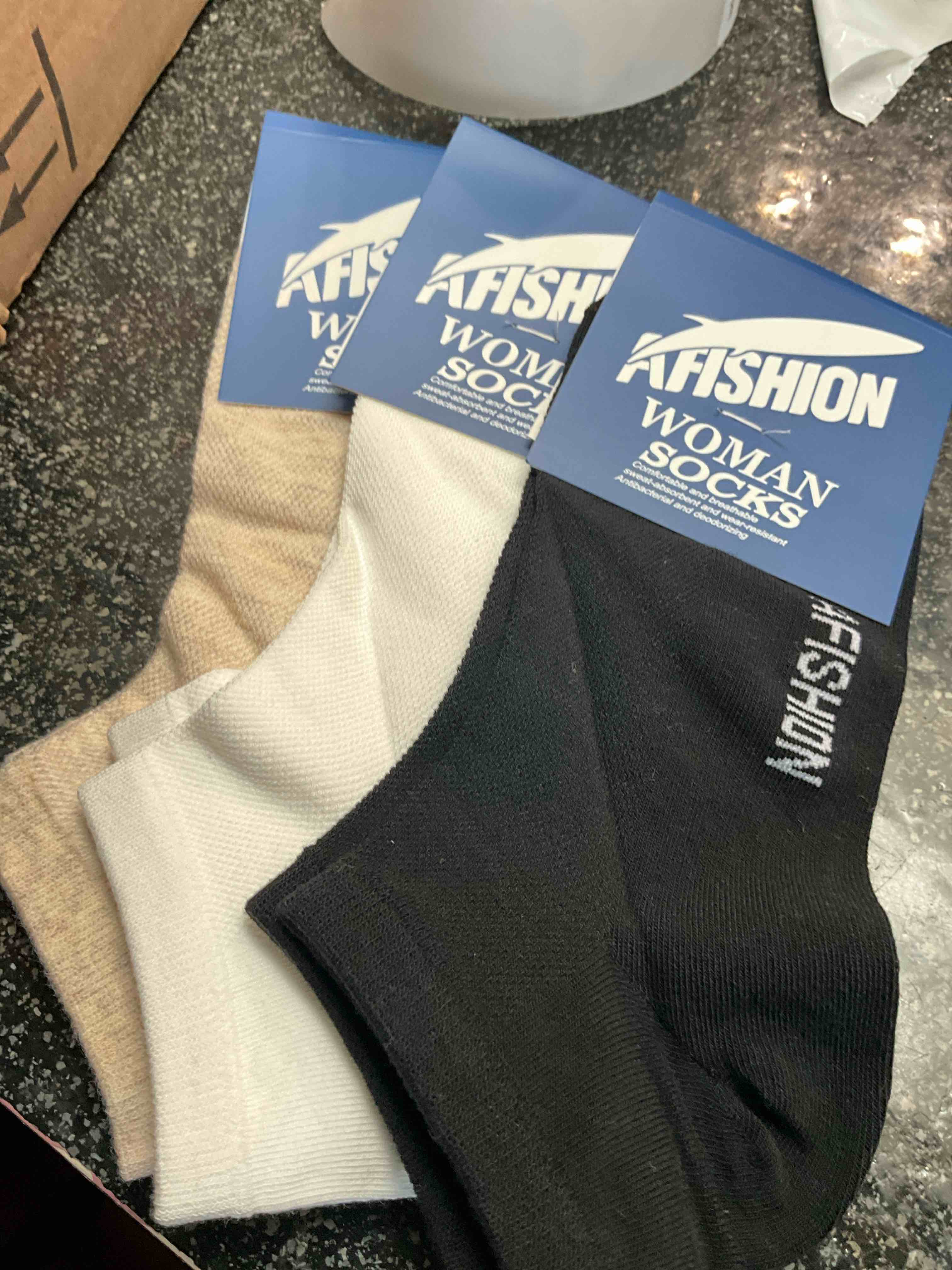 Condition photo showing New/Like New for AFISHION - WOMAN SOCKS - 3 PR. - size 5 - 11 - black/white/brown 