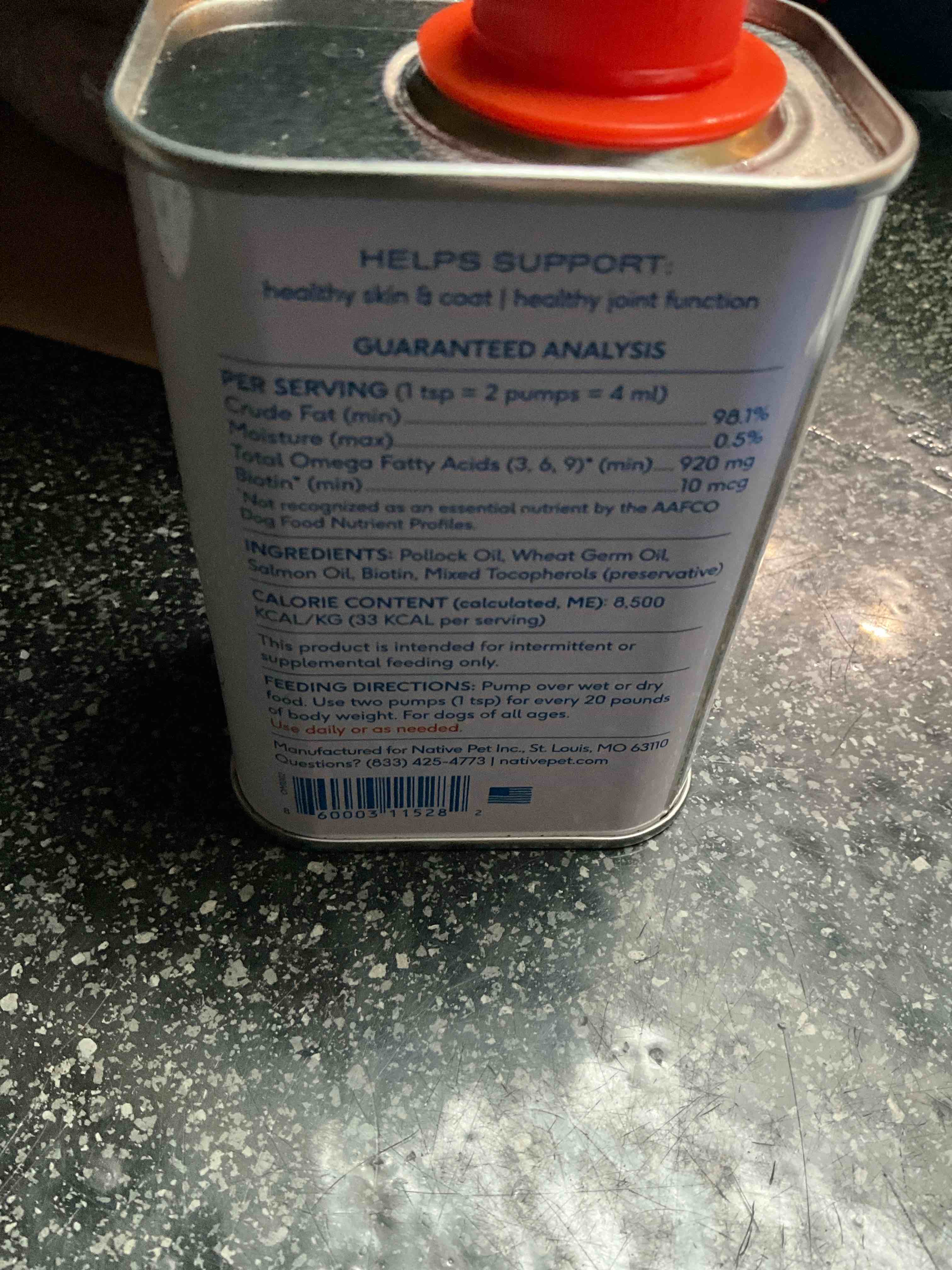Condition photo showing New/Like New for Native Pet Omega 3 Fish Oil for Dogs & Cats - Promotes Healthy Skin, Shiny Coat, & Strong Joints - Made with Wild Alaskan Salmon Oil for Dogs – Tasty, Fast-Absorbing Omega 3 6 9 Liquid Supplement- 8oz