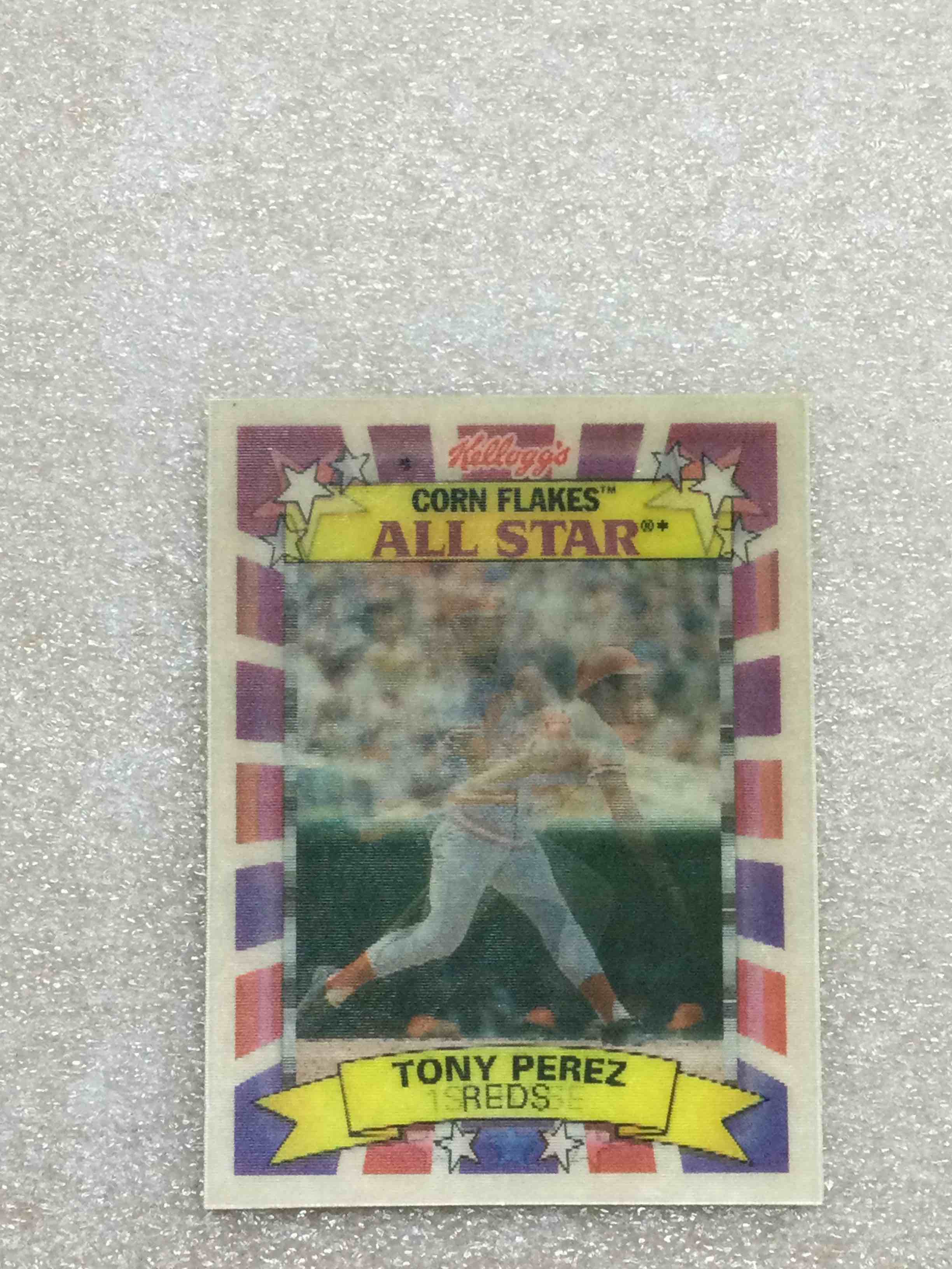 Condition photo showing As Is for Kellogg’s Corn flakes Tony Perez 3-D Baseball Card