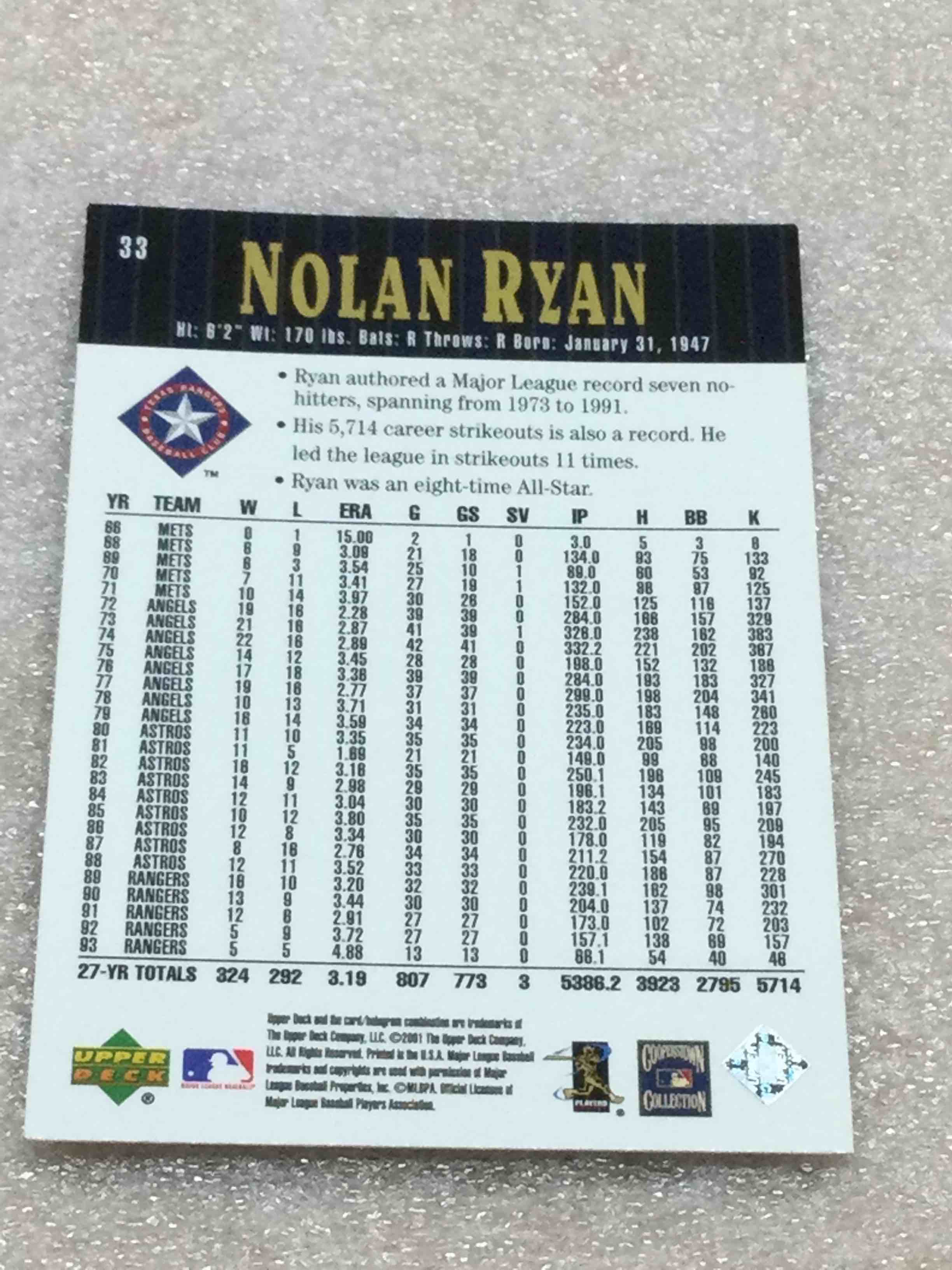Condition photo showing As Is for Upper Deck Cooperstown Collection Nolan Ryan Foil Stamped Baseball Card