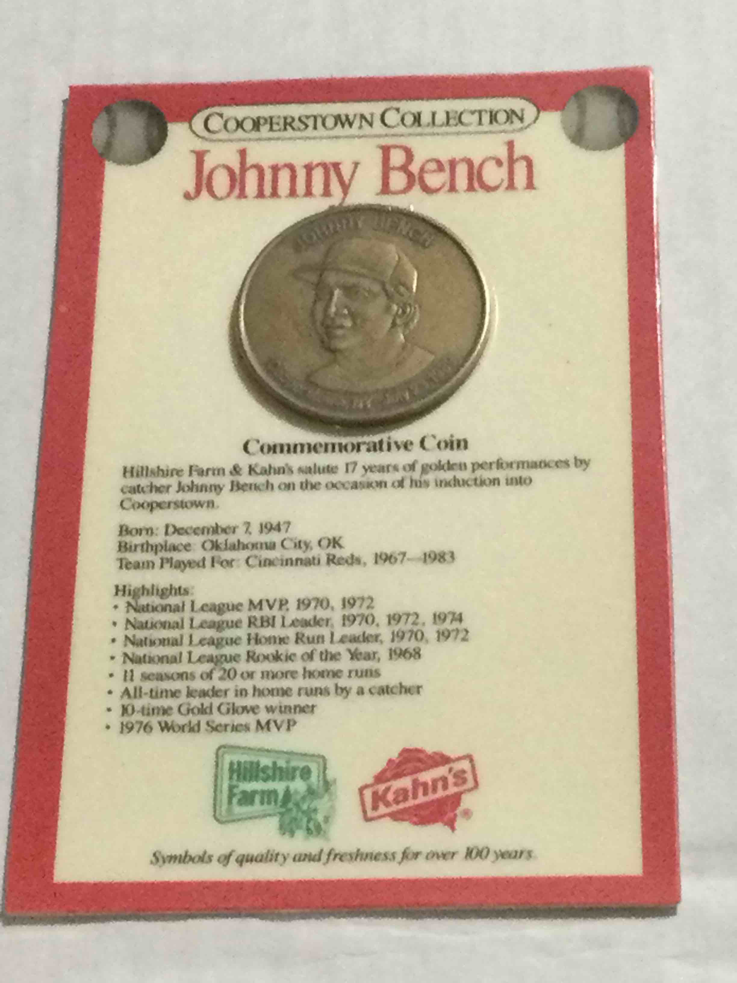Factory Sealed 1989 Kahn’s Cooperstown Collection Johnny Bench Coin
