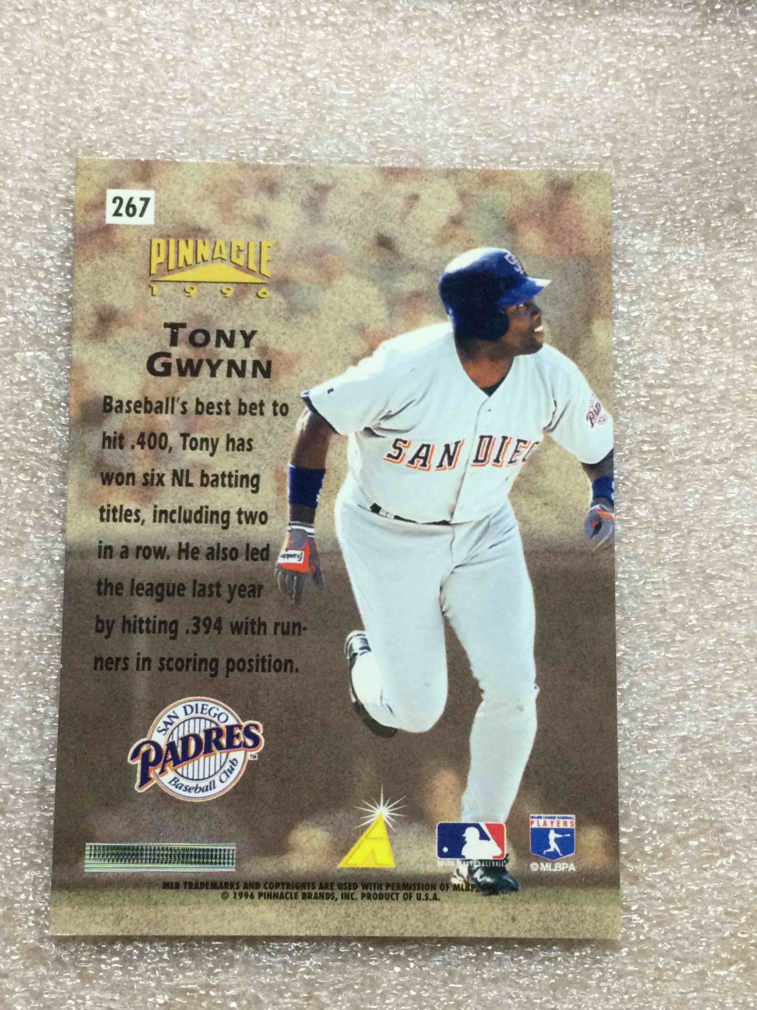 Condition photo showing Good Condition for 1996 Pinnacle Hardball Heroes Tony Gwynn Foil Baseball Card