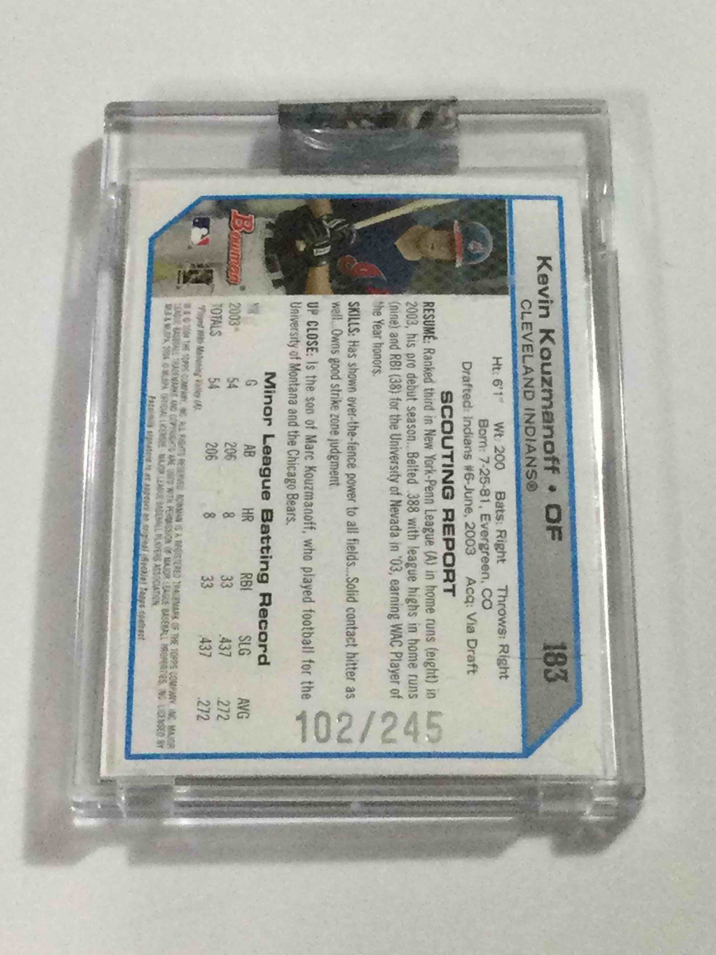 Condition photo showing Good Condition for 2004 Bowman Uncirculated Silver Kevin Kouzmanoff First Card - #102/245