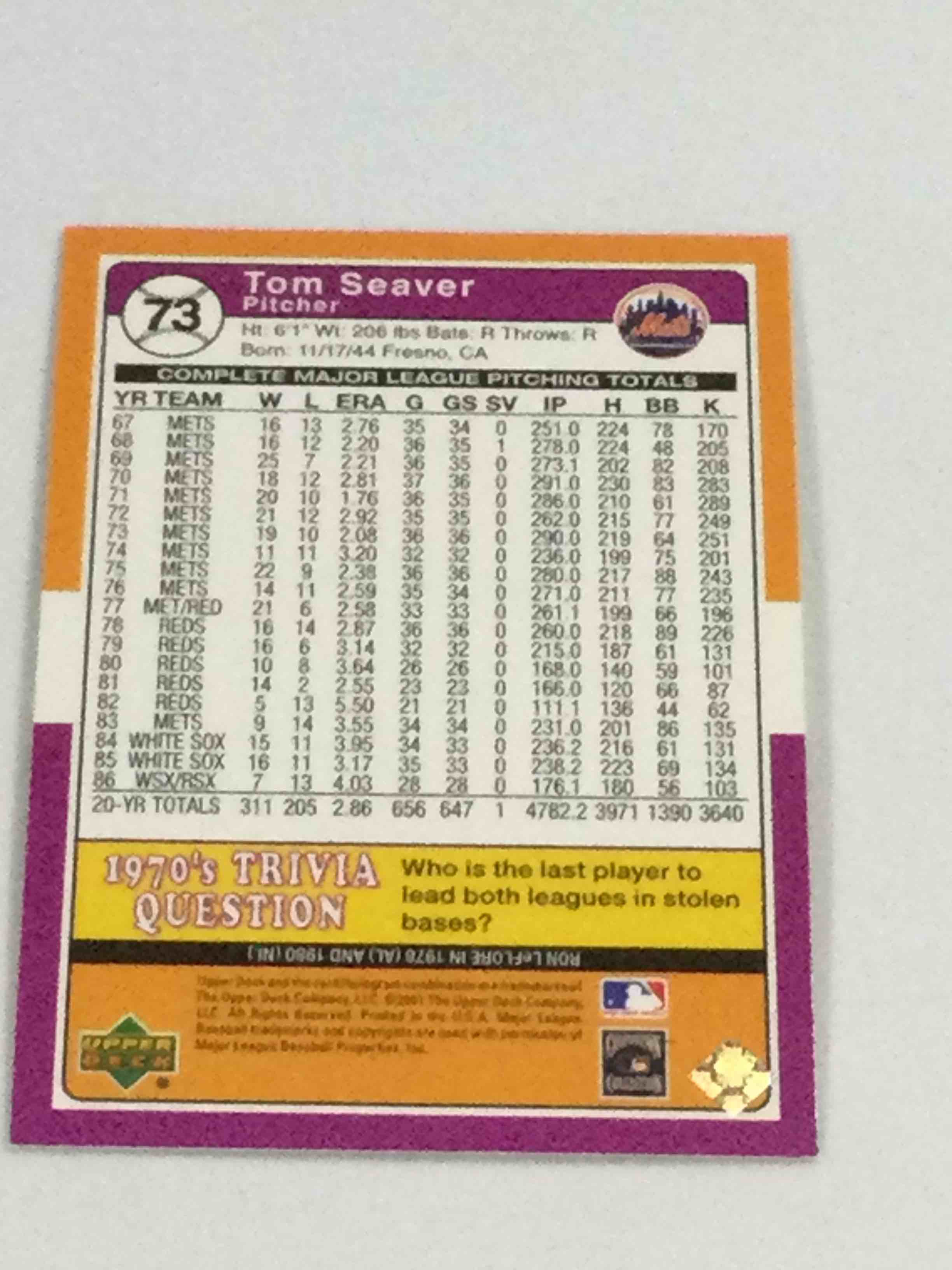 Condition photo showing Good Condition for 2001Upper Deck Decade 1970’s Tom Seaver baseball Card