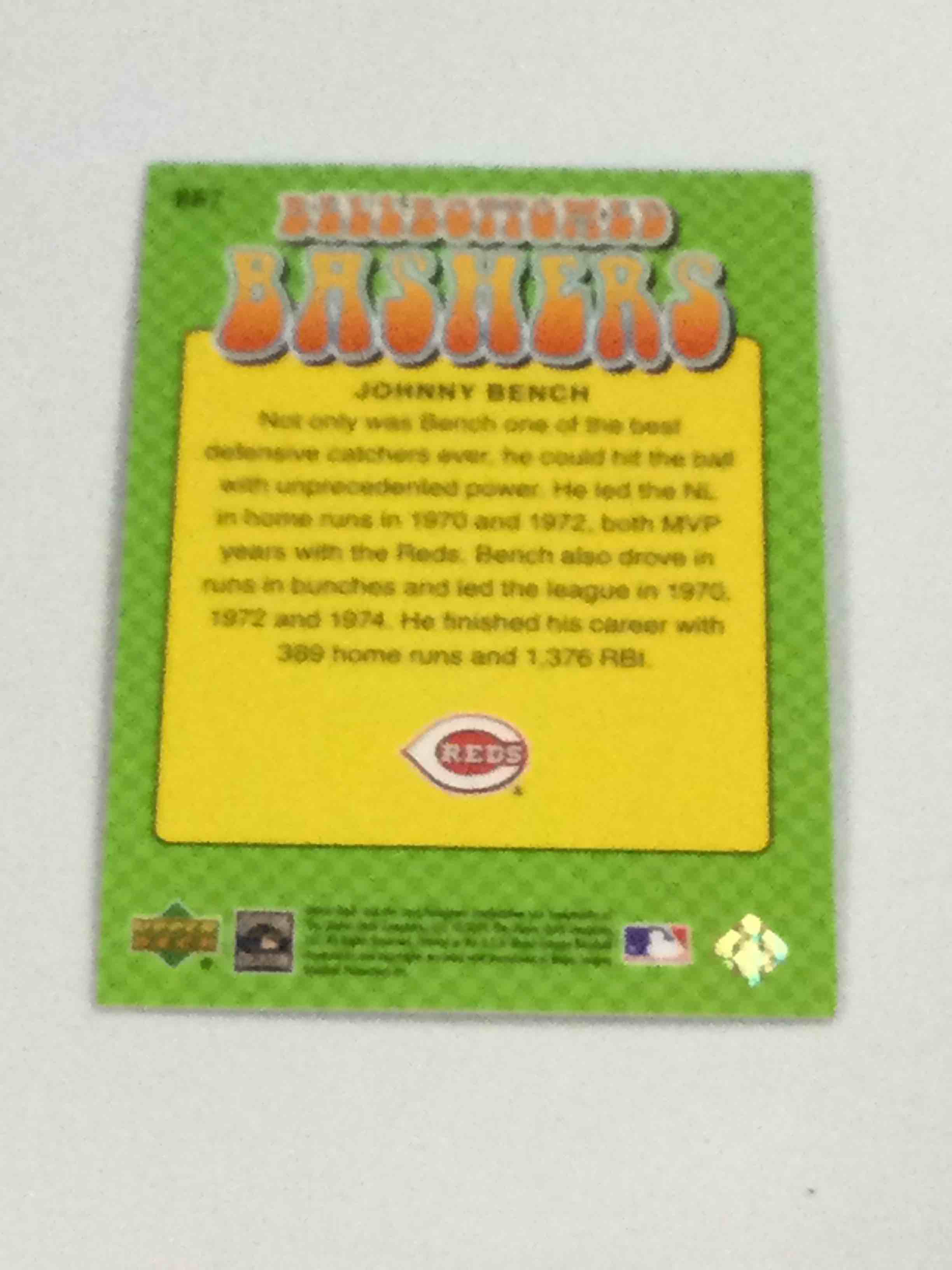 Condition photo showing Good Condition for Upper Deck “Bell Bottomed Bashers” Johnny Bench Insert Card