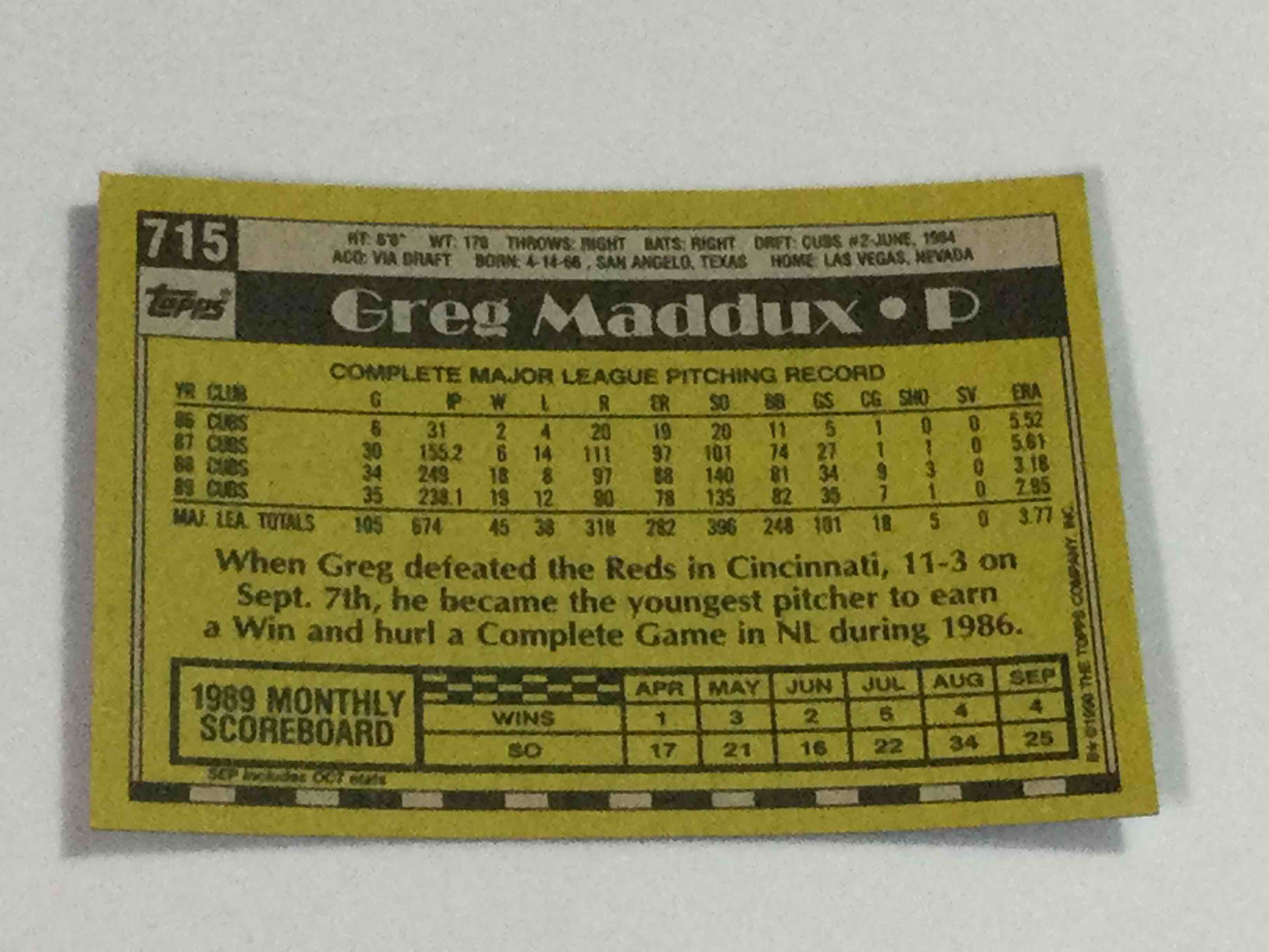 Condition photo showing Good Condition for 1990 Topps Greg Maddux Baseball Card