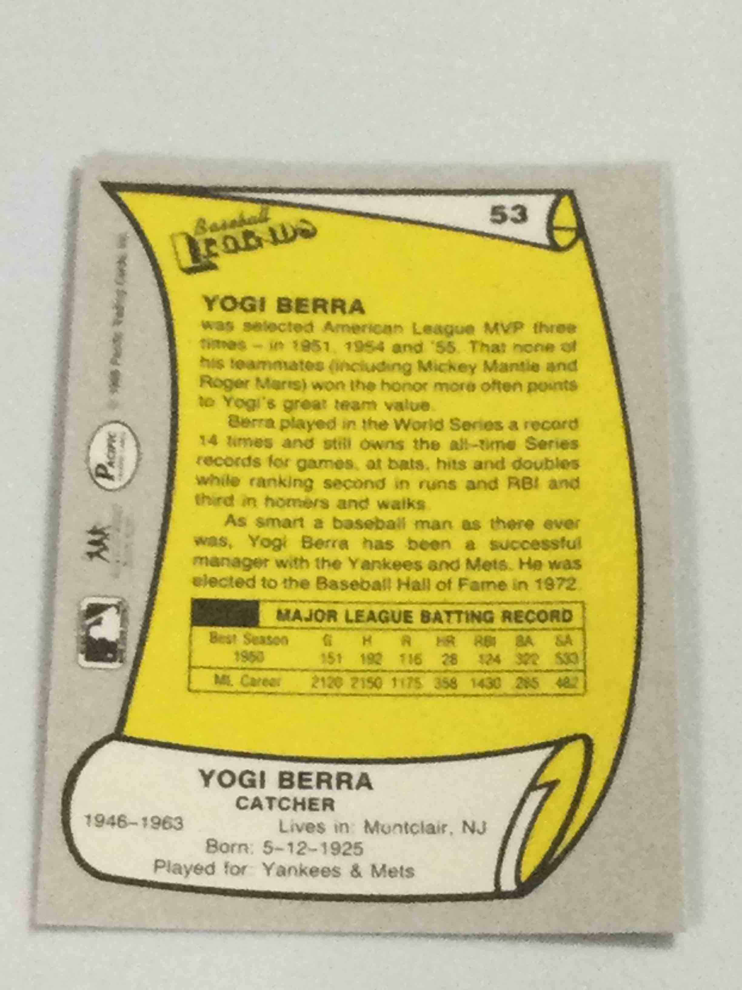 Condition photo showing Good Condition for 1988 Pacific Legends Yogi Berra Baseball Card