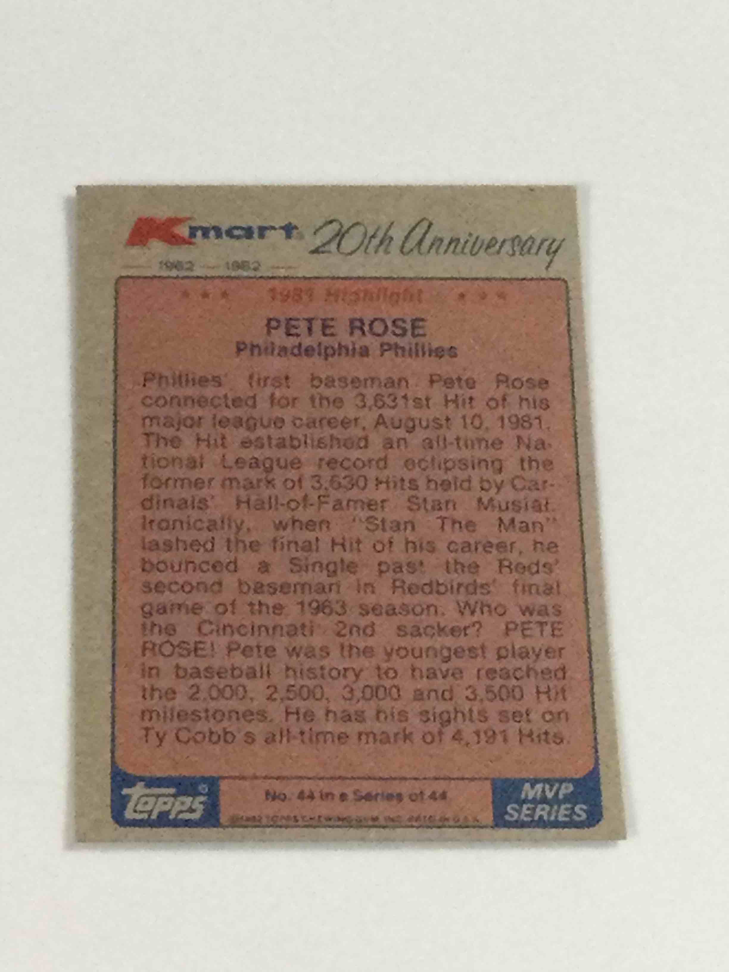 Condition photo showing Good Condition for 1982 Topps / K-Mart Pete Rose Baseball Card