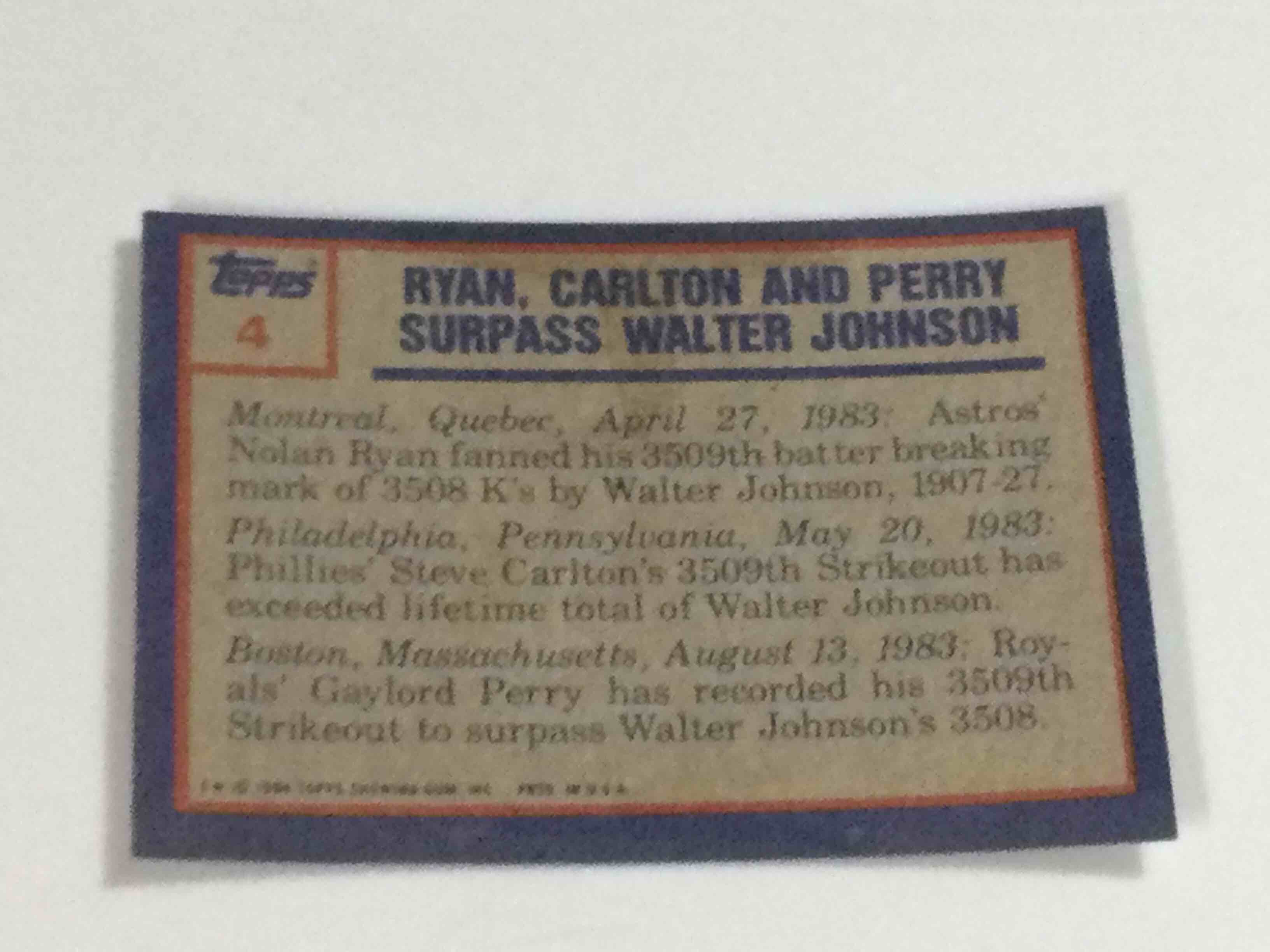 Condition photo showing Good Condition for 1984 Topps Nolan Ryan / Steve Carlton / Gaylord Perry Highlight Baseball Card