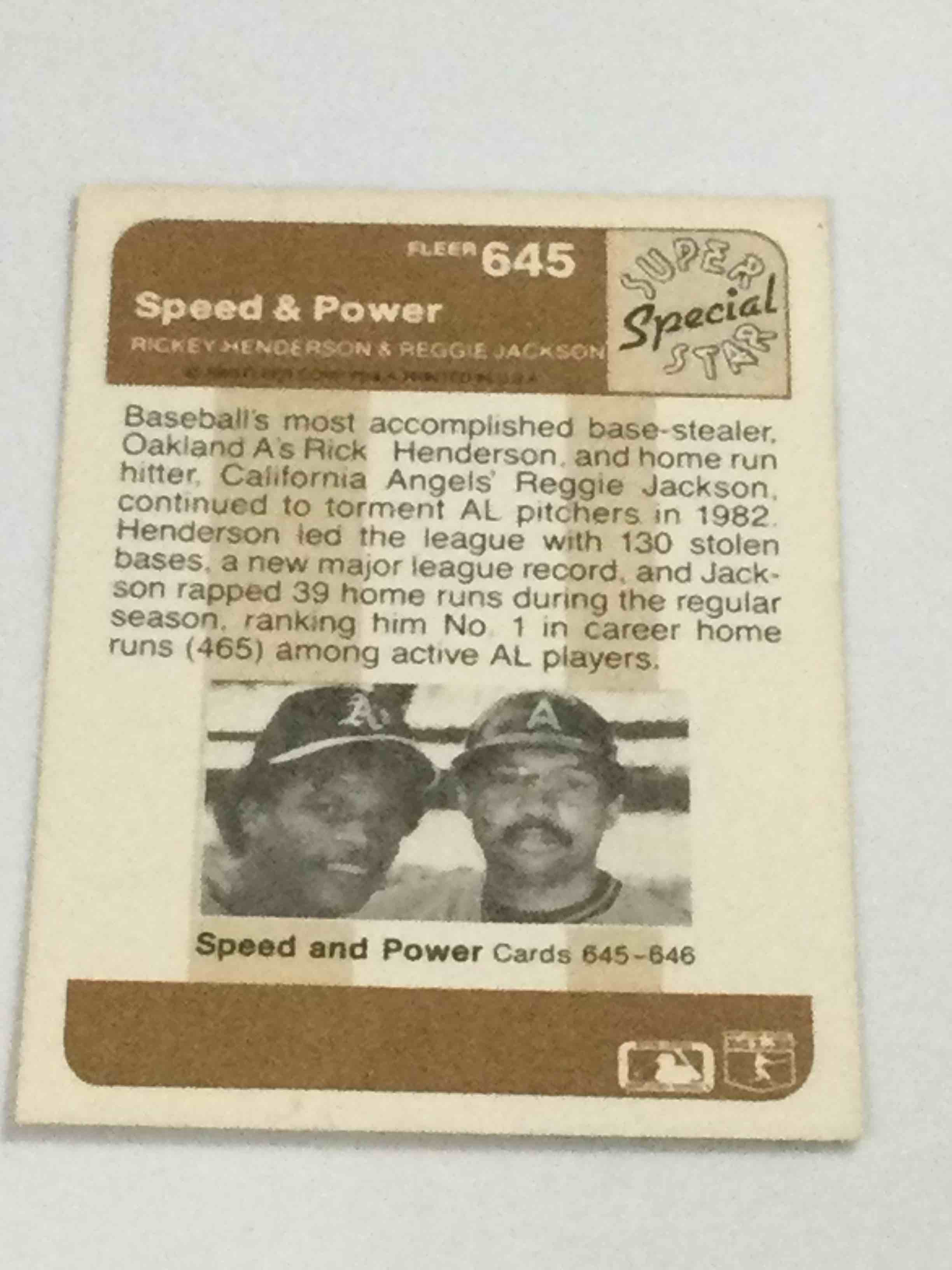 Condition photo showing Good Condition for 1983 Fleer Reggie Jackson “Power” Baseball Card