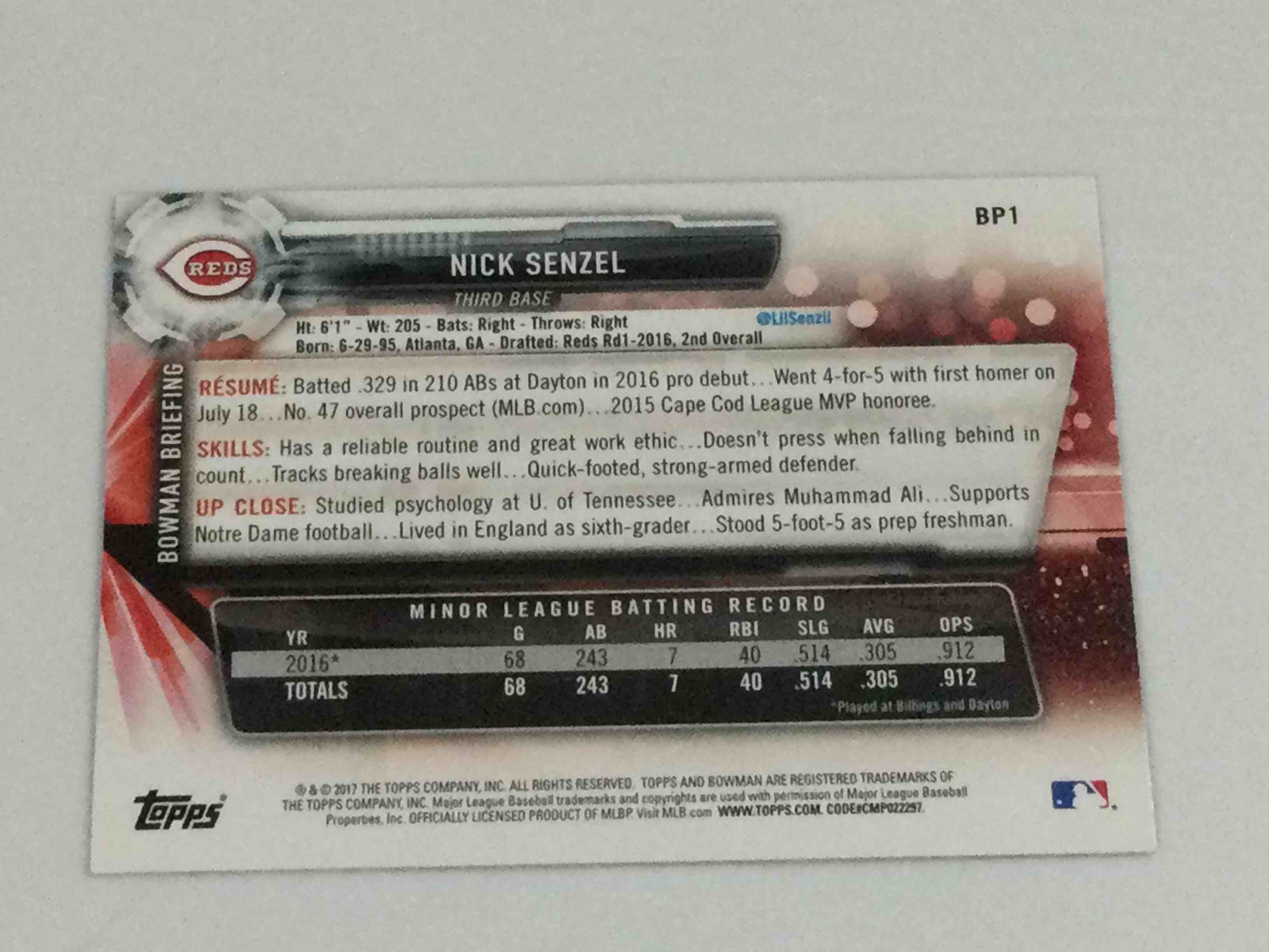 Condition photo showing Good Condition for 2017 Bowman Prospects Nick Senzel “First Bowman Card” Baseball Card