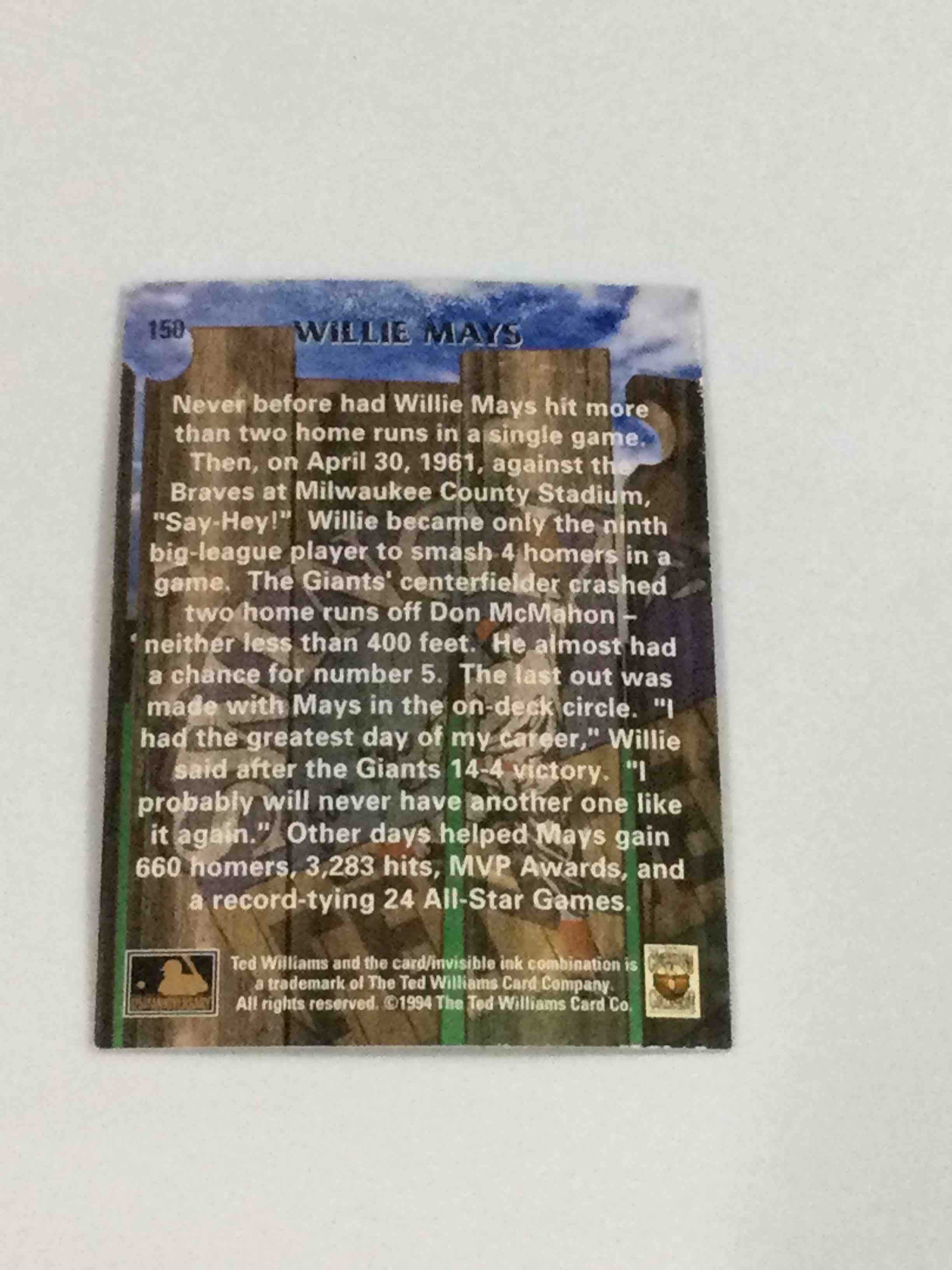 Condition photo showing Good Condition for 1994 Ted Williams Card Co. Willie Mays “Swingin’ for the Fences” Baseball Card