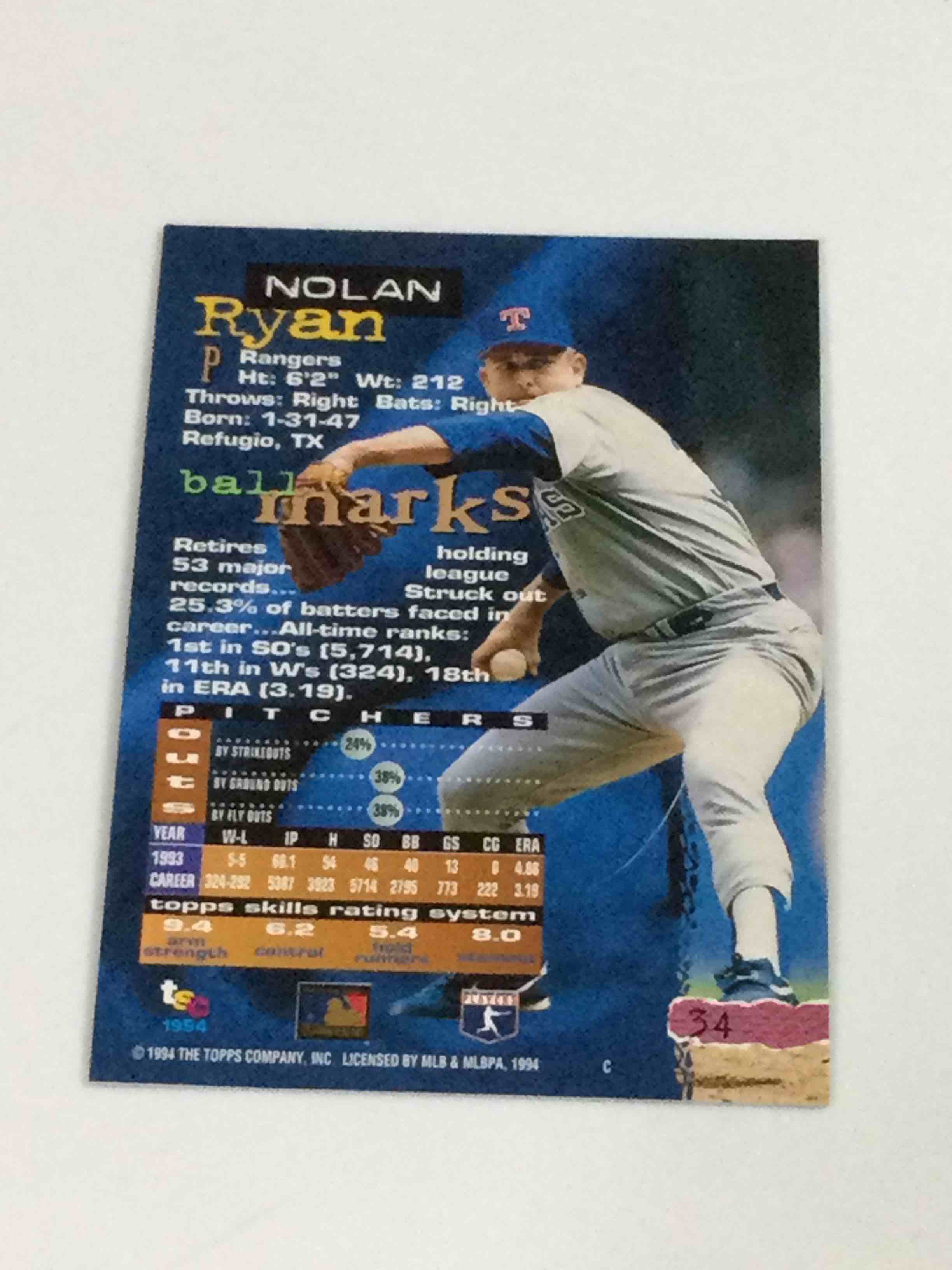 Condition photo showing Good Condition for 1994 Topps Stadium Club Nolan Ryan Baseball Card