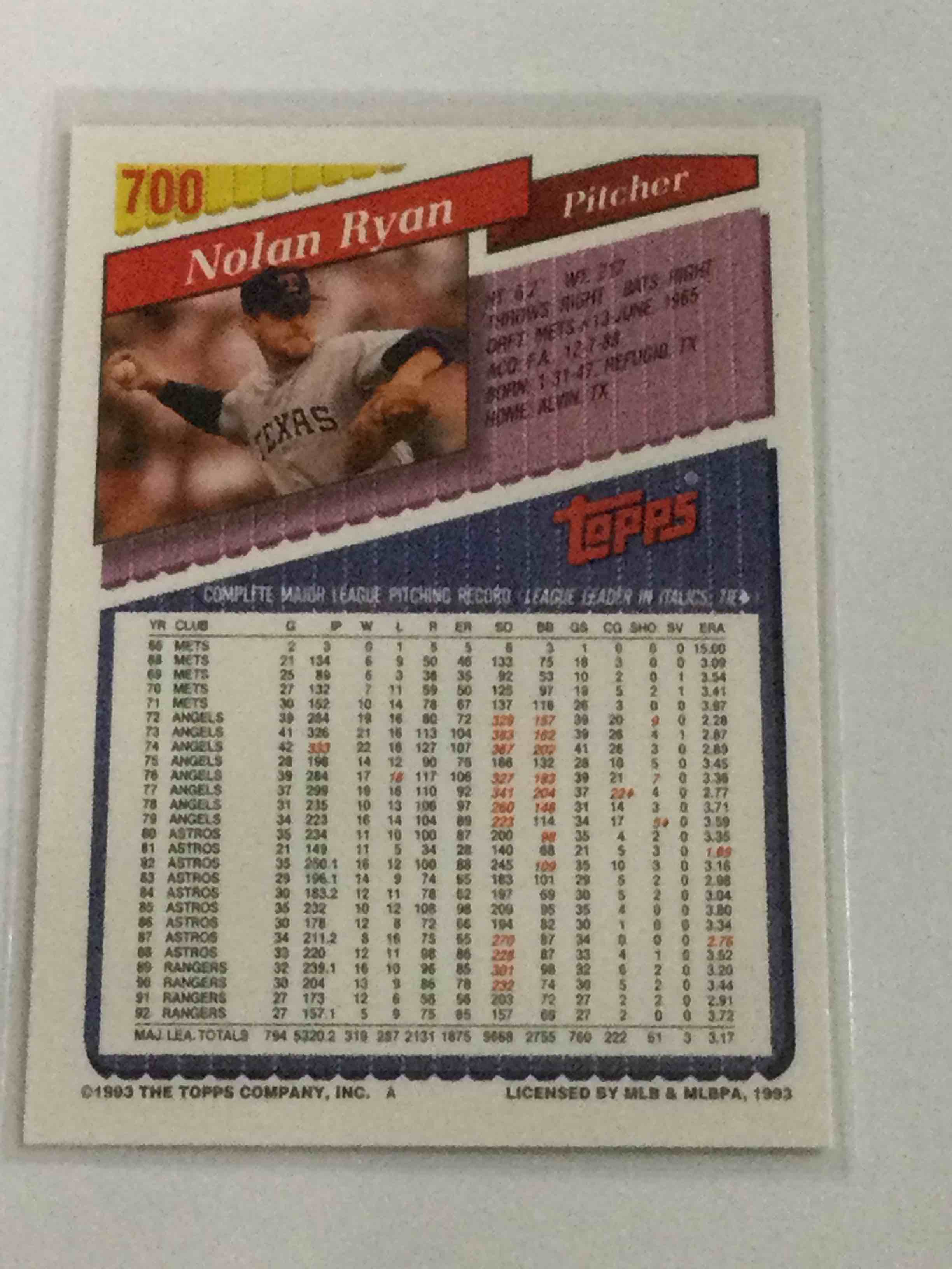 Condition photo showing Good Condition for 1993 Topps Gold Nolan Ryan Baseball Card