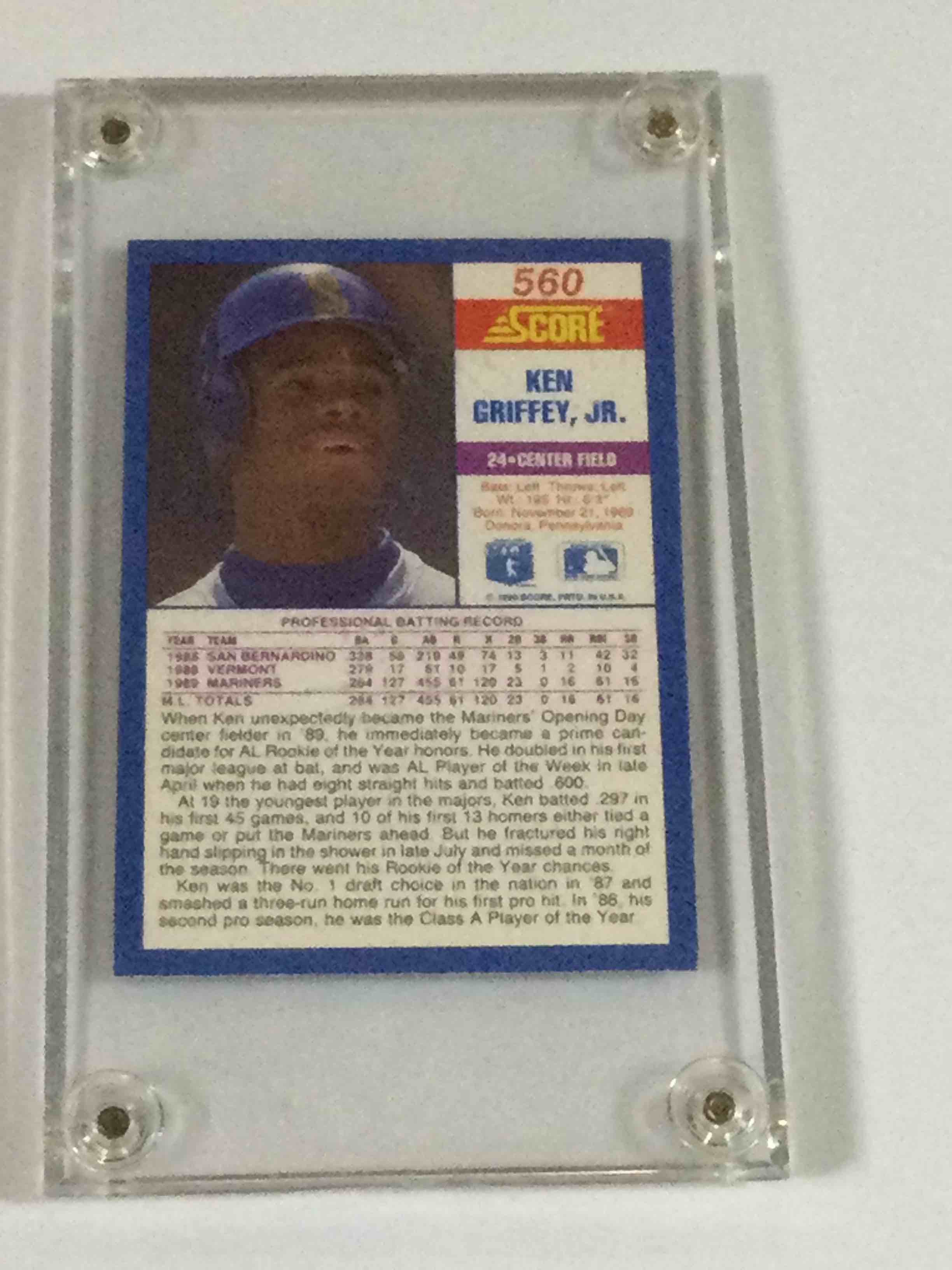 Condition photo showing Good Condition for 1990 Score Ken Griffey Jr. 2nd Years Baseball Card. in Screw-down