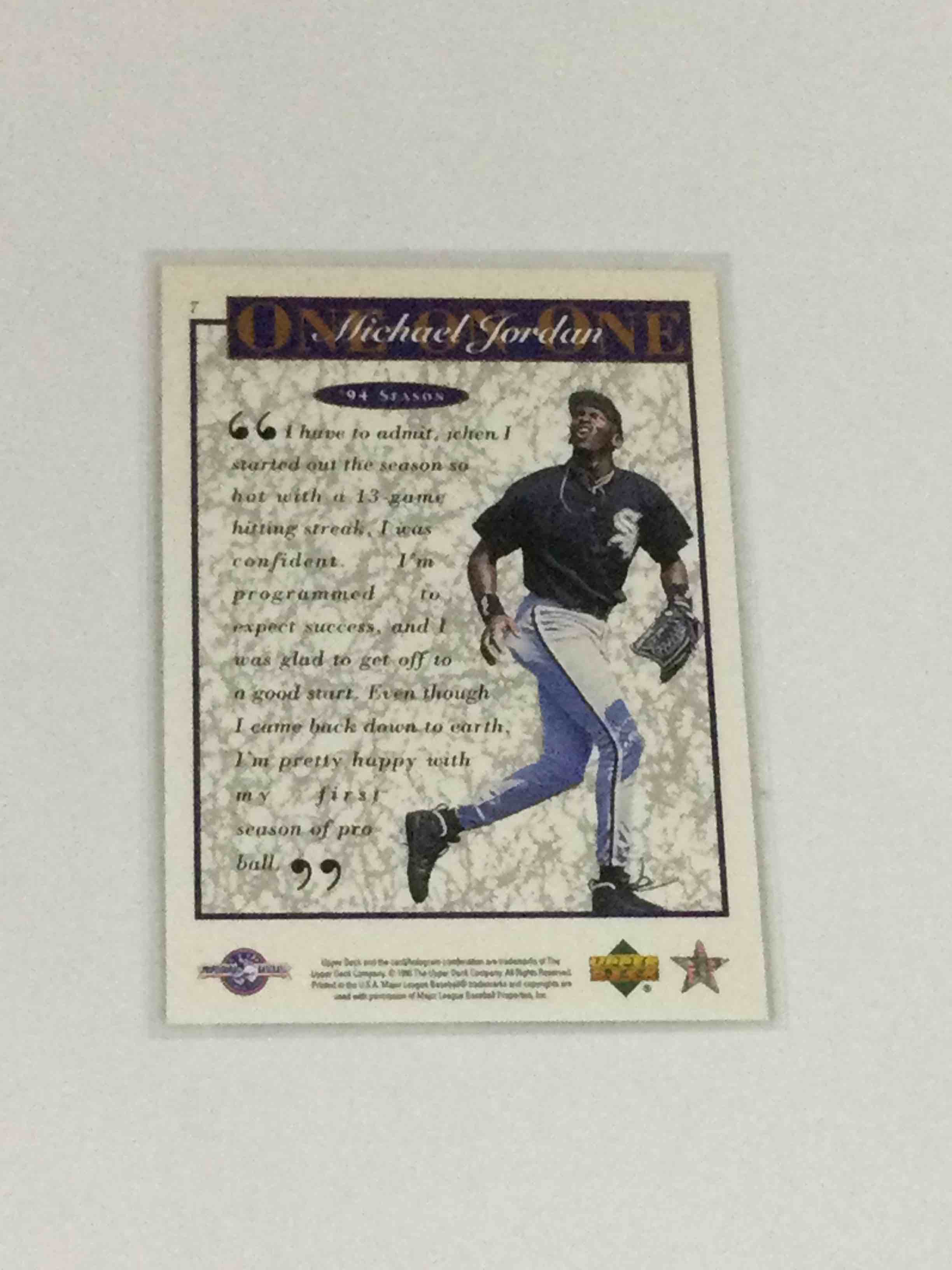 Condition photo showing Good Condition for 1995 UD Minors Michael Jordan “One on One” Insert Card
