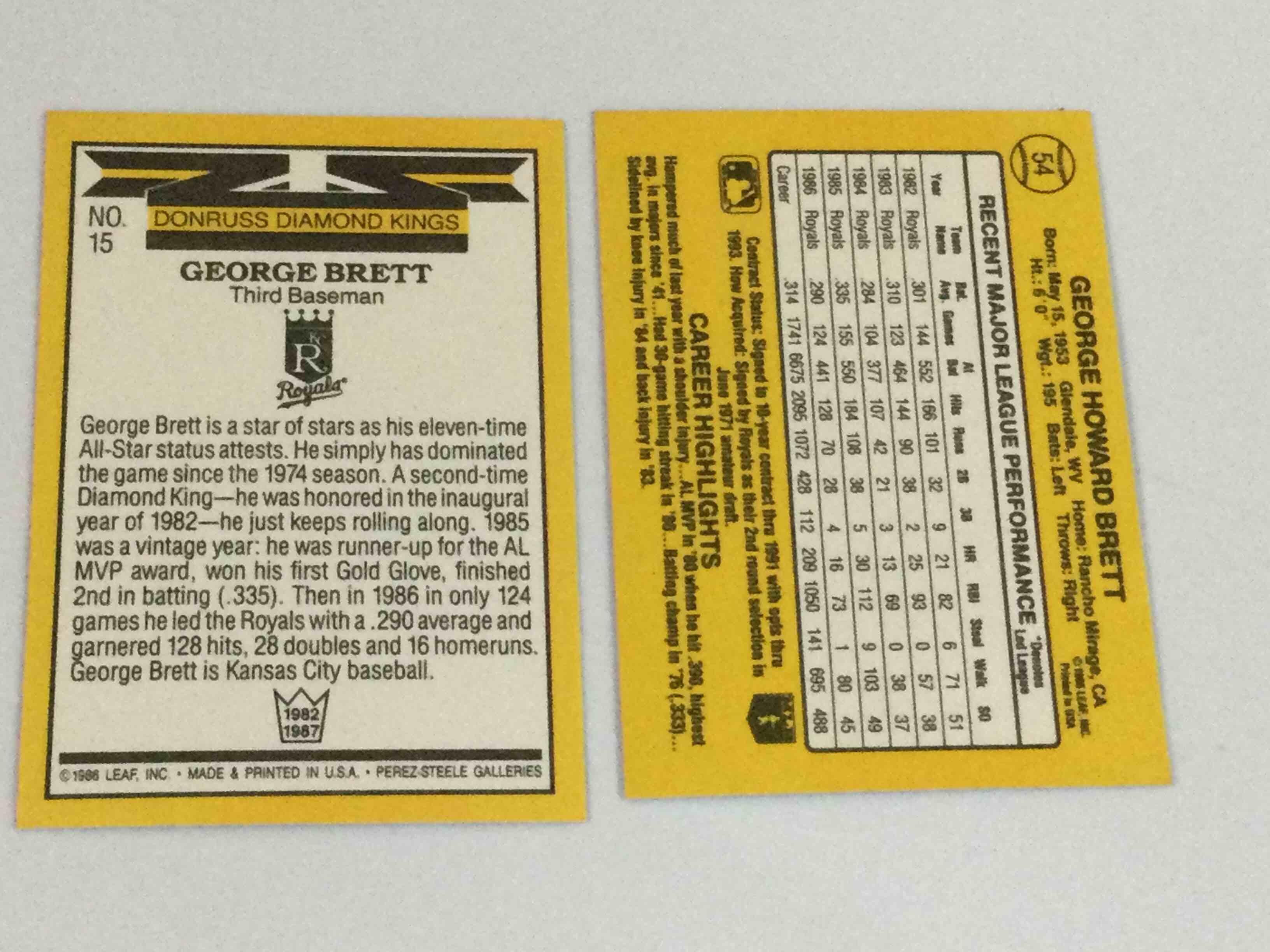 Condition photo showing Good Condition for 1987 Donruss George Brett Pair